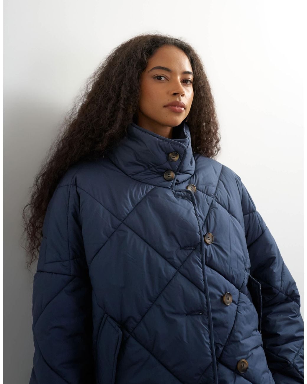 TOPSHOP Blue Quilted Button Through Puffer Jacket