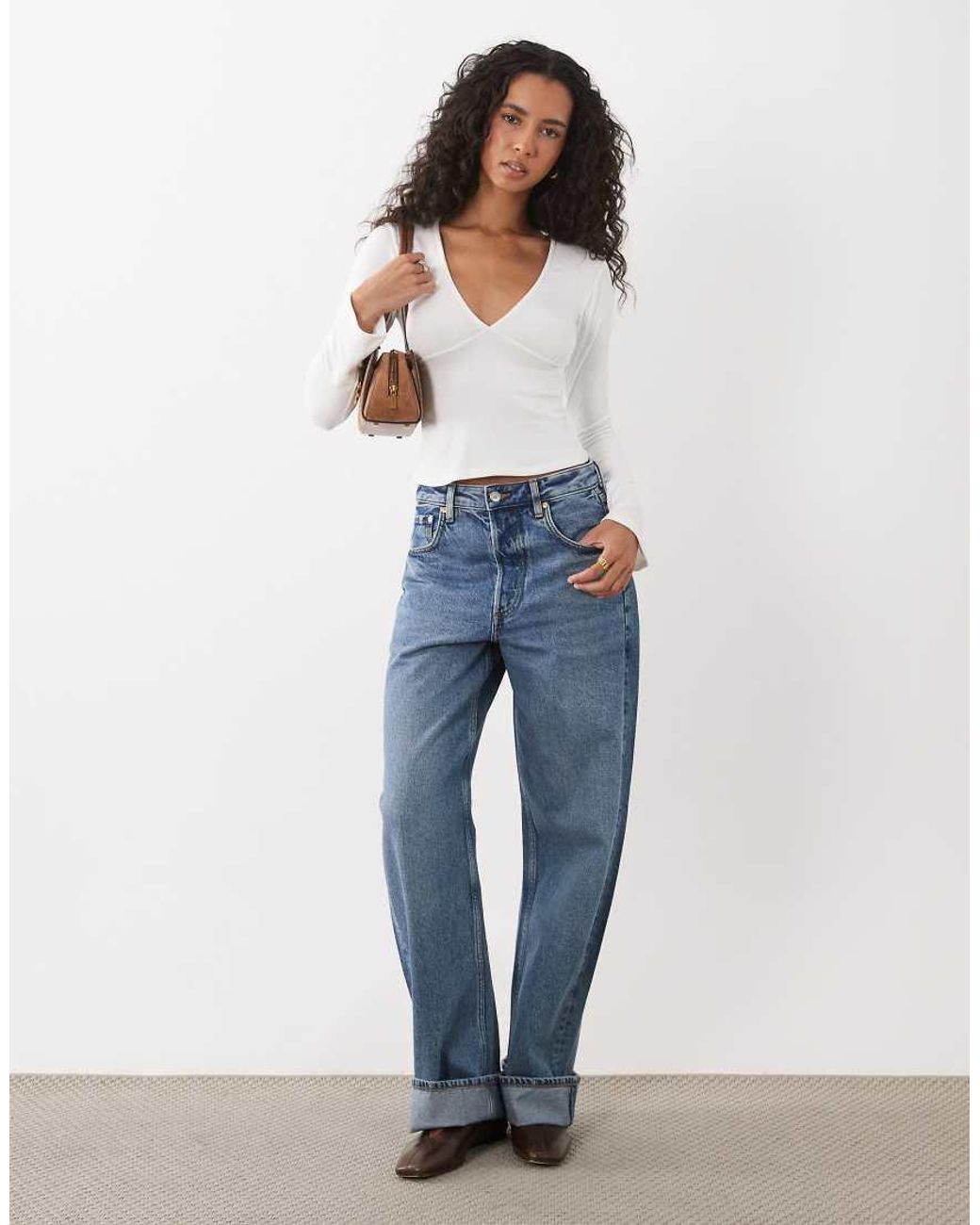 Motel White Emesy Thick Rib V Neck Long Sleeve Top