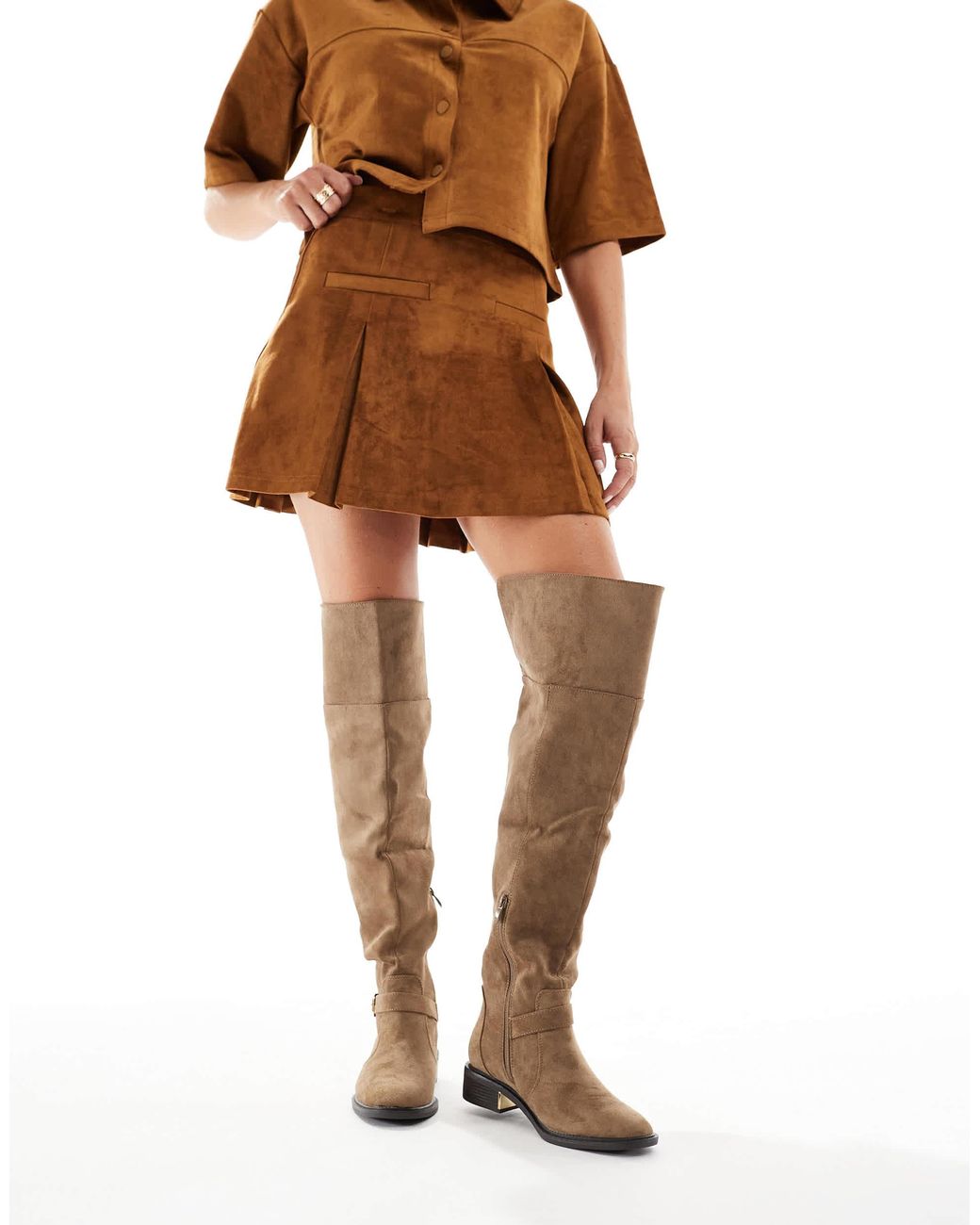 SEQWL Wide Fit Natural Latte Buckle Detail Over The Knee Boots