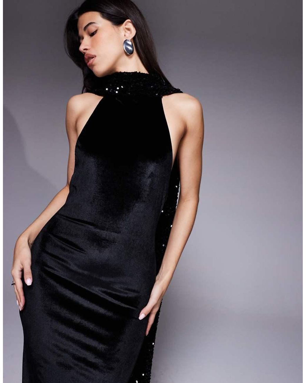 ASOS Blue Velvet Sequin Maxi Dress With Scarf Detail And Open Back