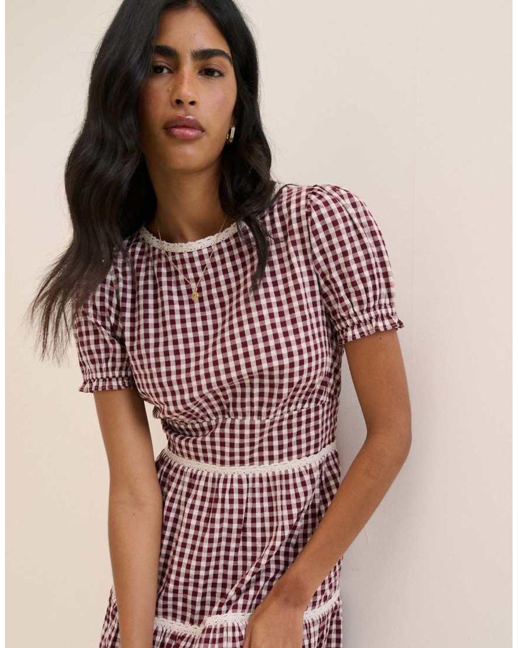 Nobody's Child Pink Gingham Cotton Lace Trim Dara Midi Dress