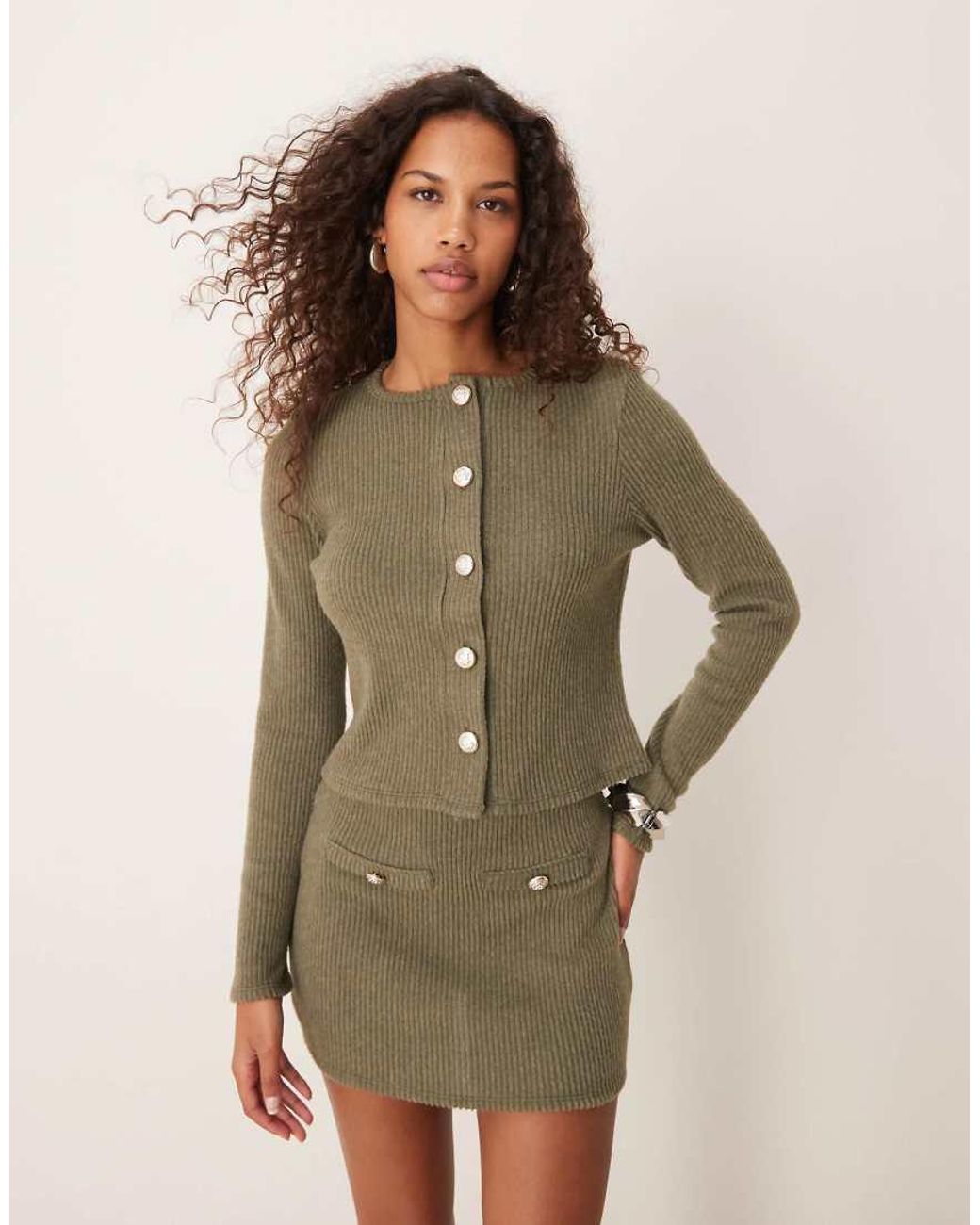 ASOS Brushed Rib Long Sleeve Cardigan With Gold Buttons in Green Lyst UK