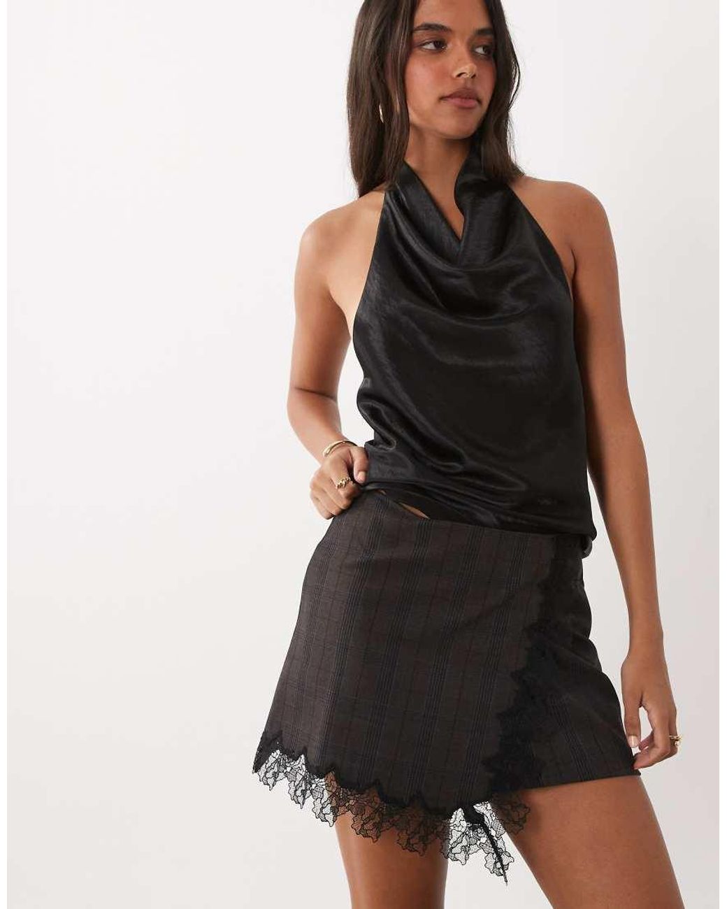 Mango Gray Mini Skort With Lace Trim