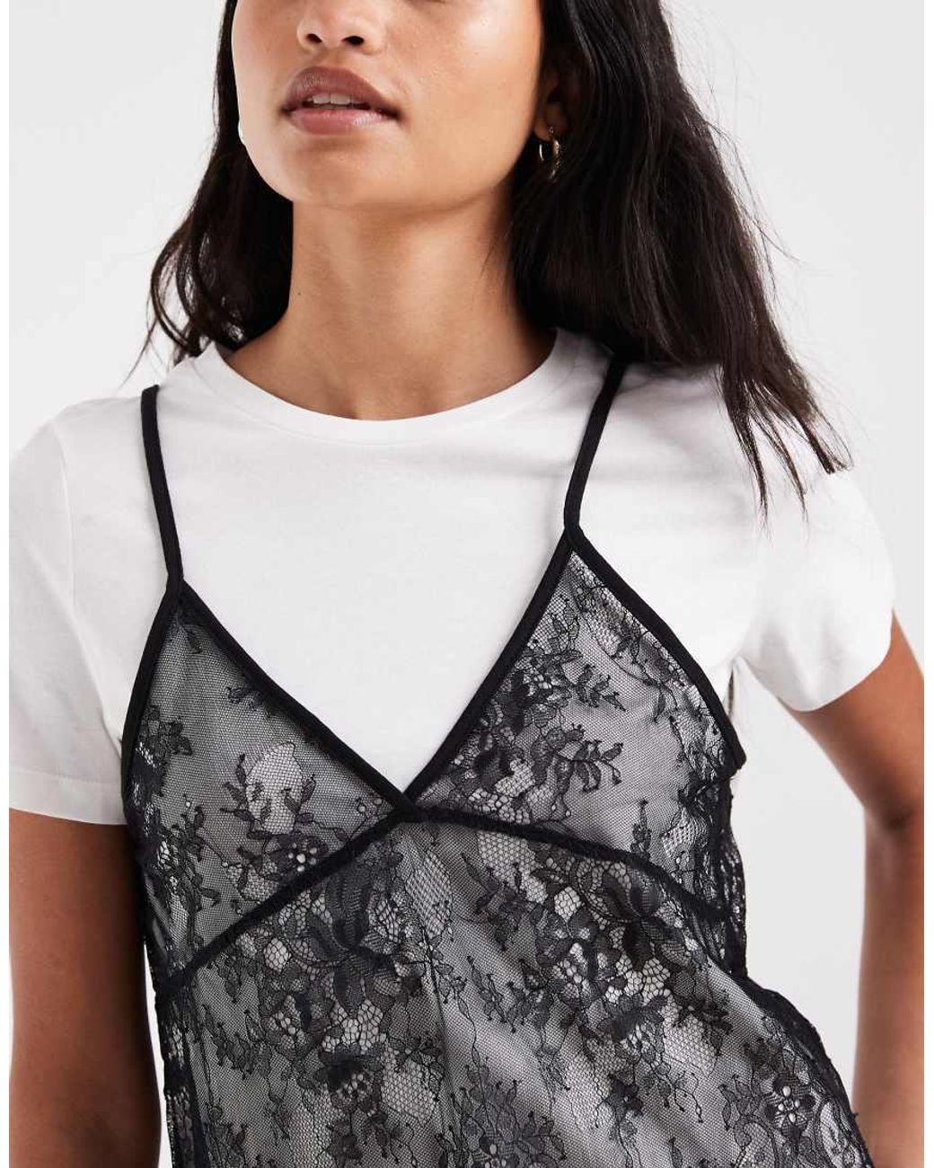 Vero Moda Gray Short Sleeve T-shirt With Lace Cami Overlay