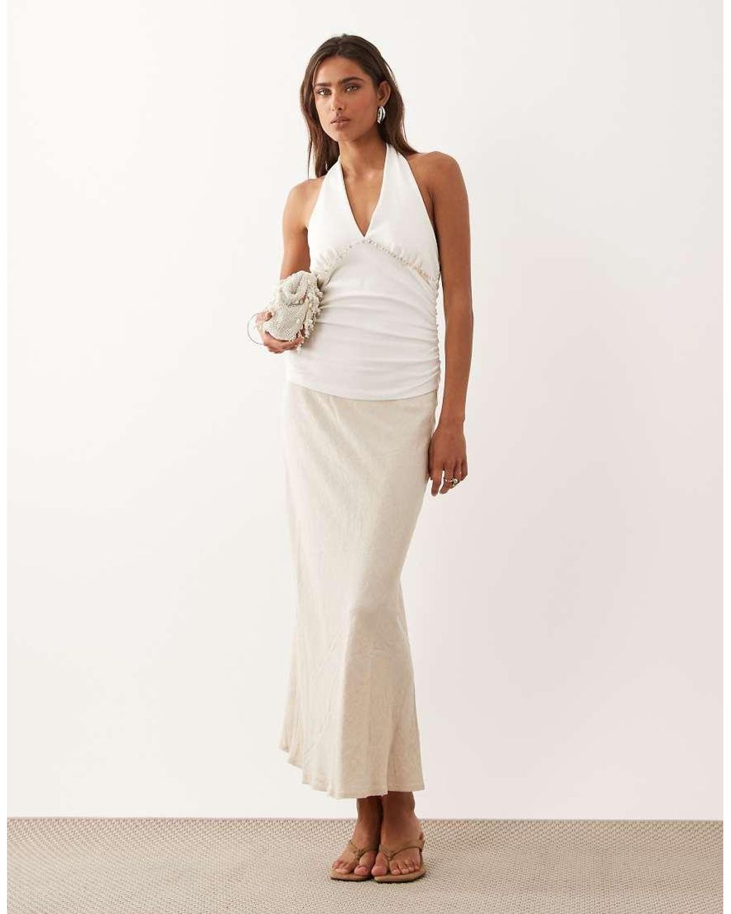 ASOS White Compact Cotton Ruched Halter Neck Top With Bead Detail