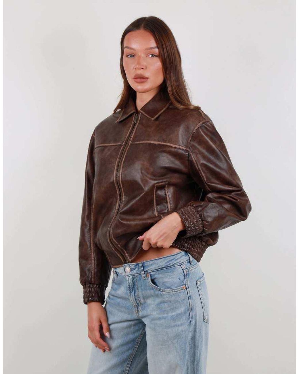 SIMMI Blue Faux Leather Collar Jacket