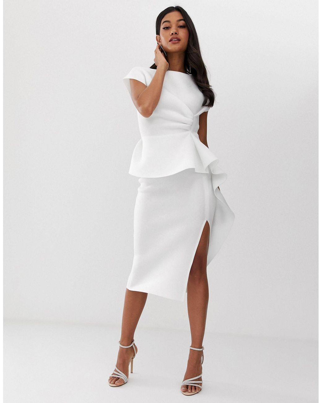 ASOS Peplum Pencil Midi Dress With Tuck Detail in White Lyst