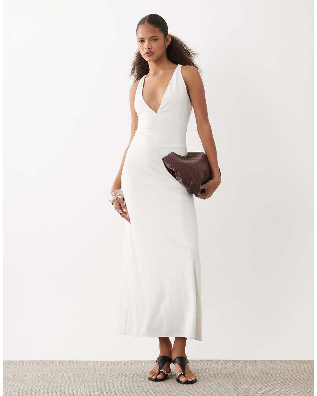 Motel Natural Georgina Cupro Deep Plunge Midi Dress
