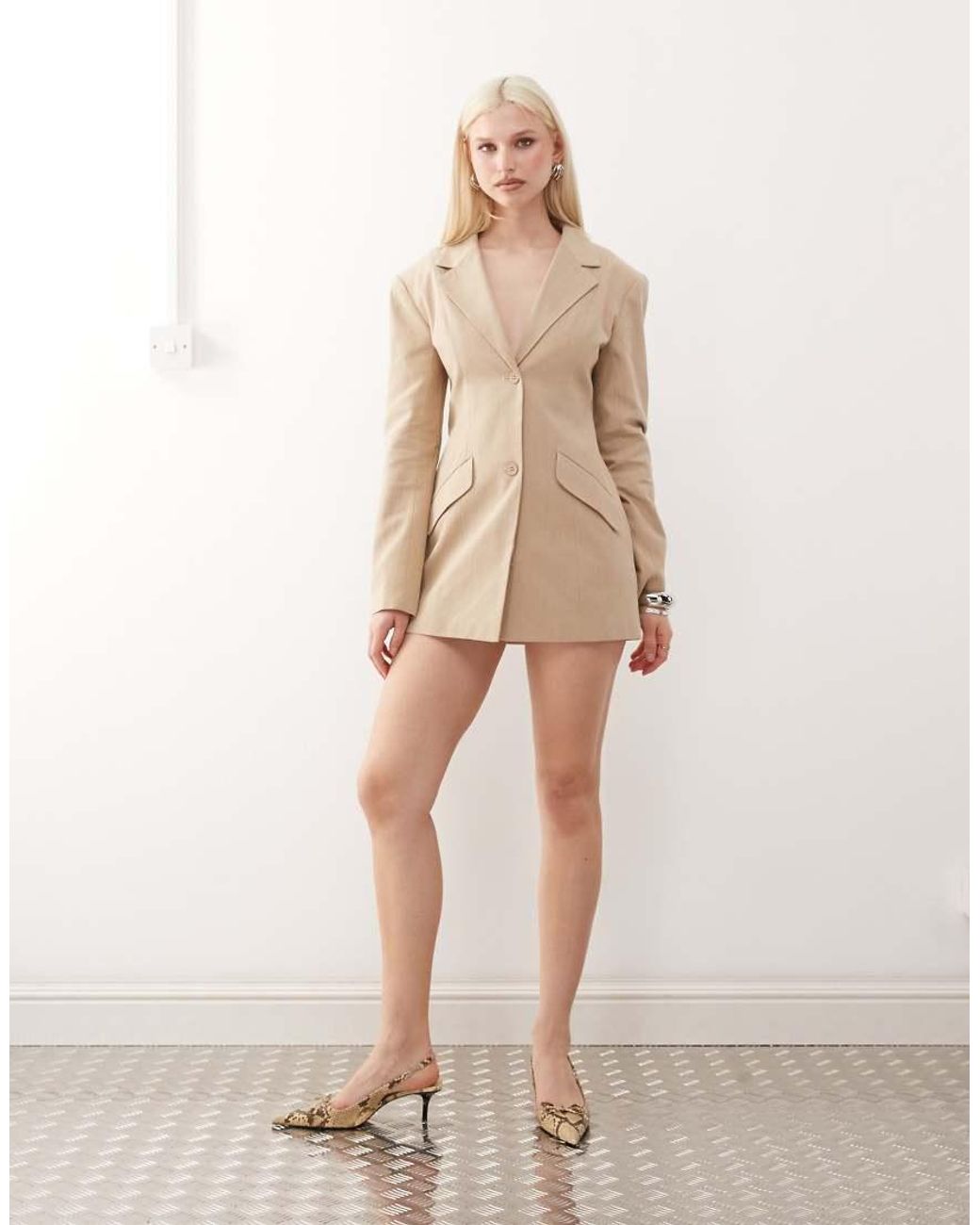 Lioness Natural Horizon Linen Look Cotton Structured Pocket Detail Blazer Mini Dress