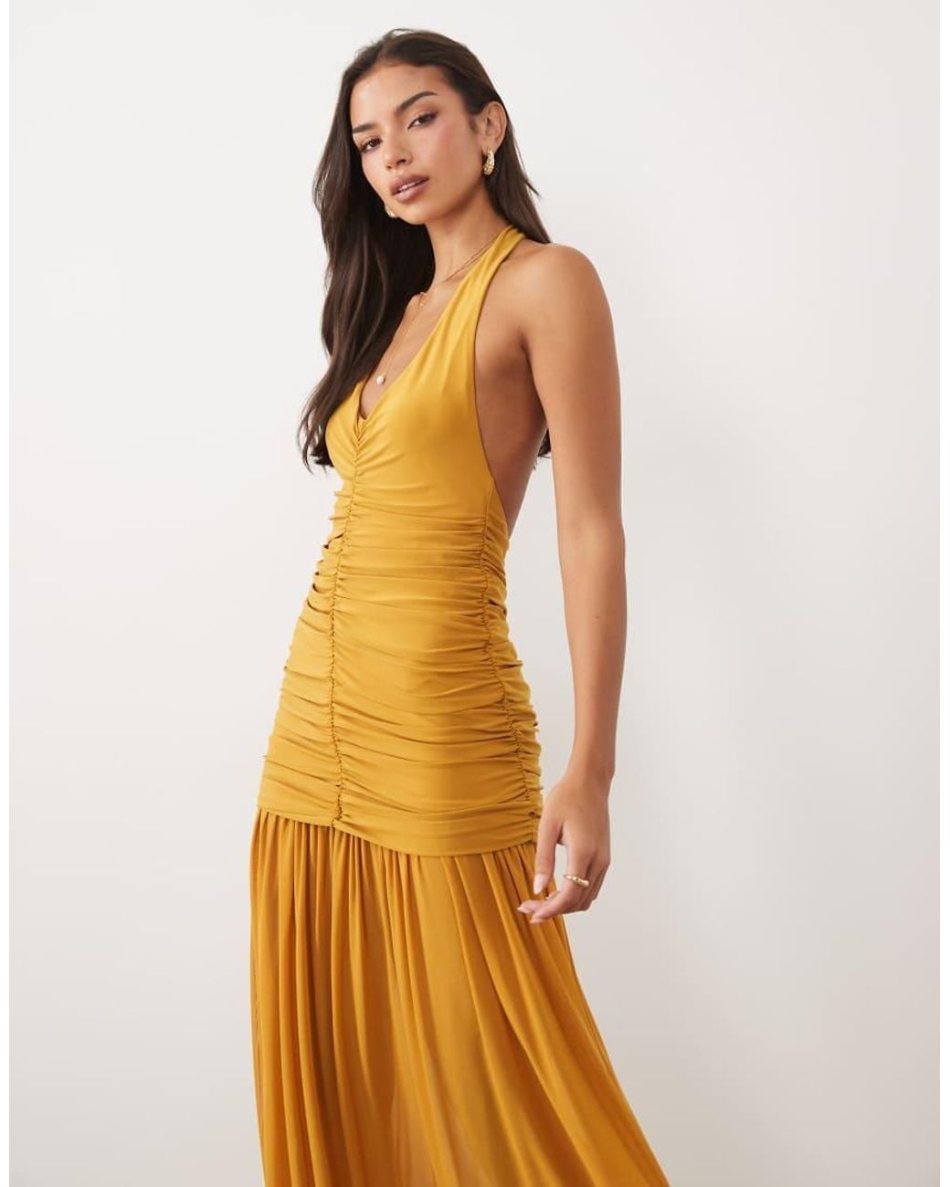 ASOS Natural Halter Neck Ruched Maxi Dress With Sheer Skirt