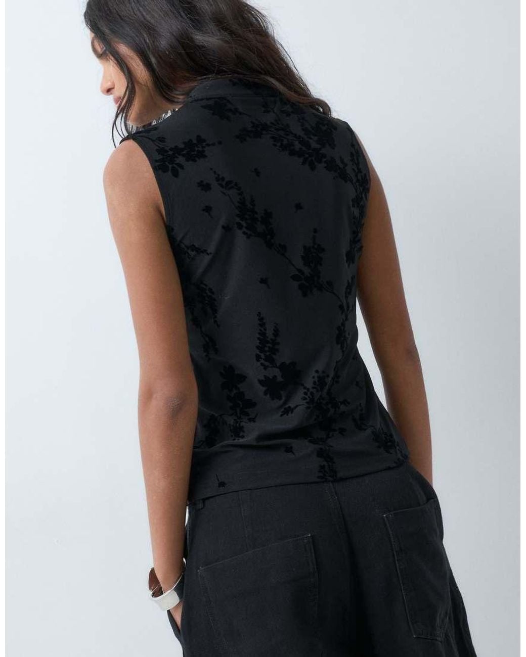 Jdy Black Mandarin Collar Top With Floral Detail