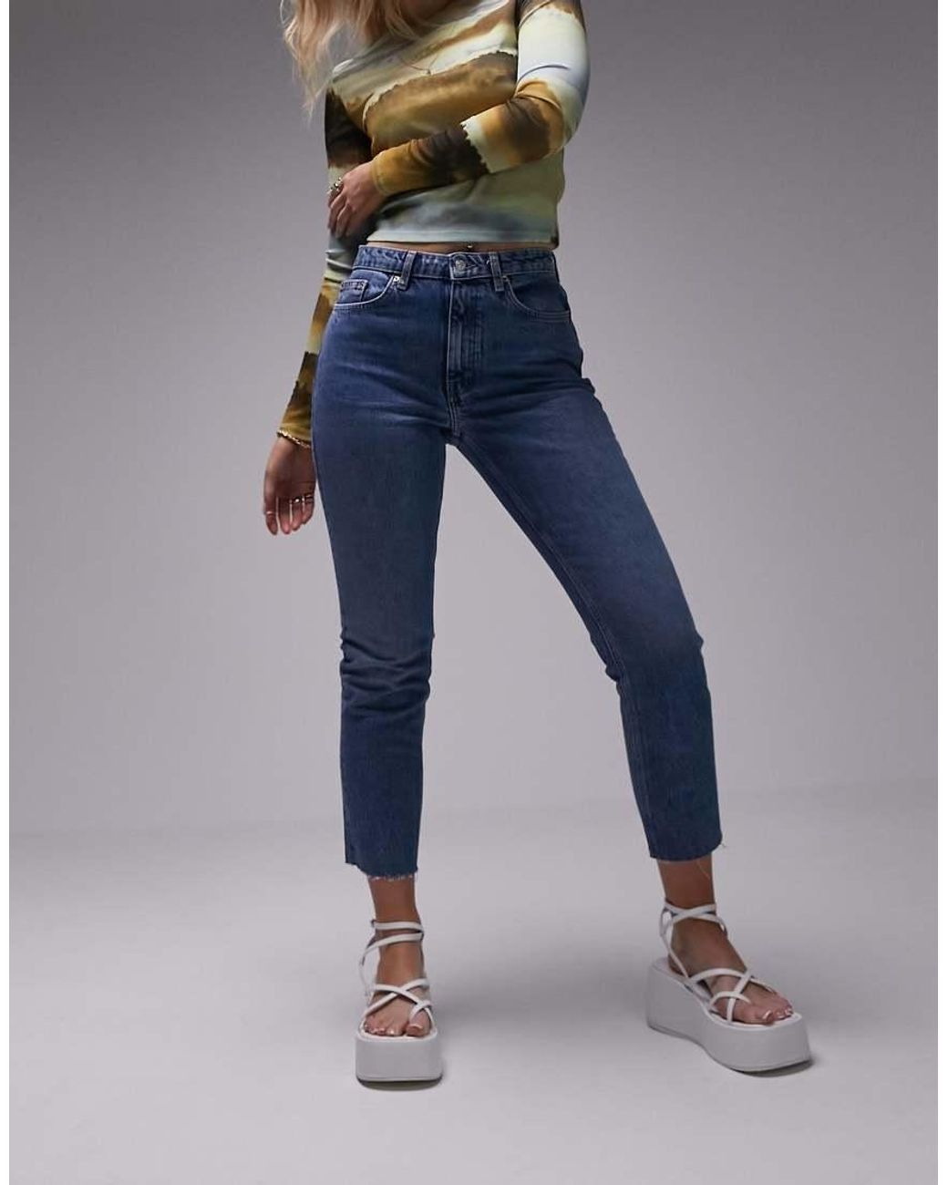 Topshop Hourglass Blue Mid Rise Straight Cropped Jeans With Raw Hems