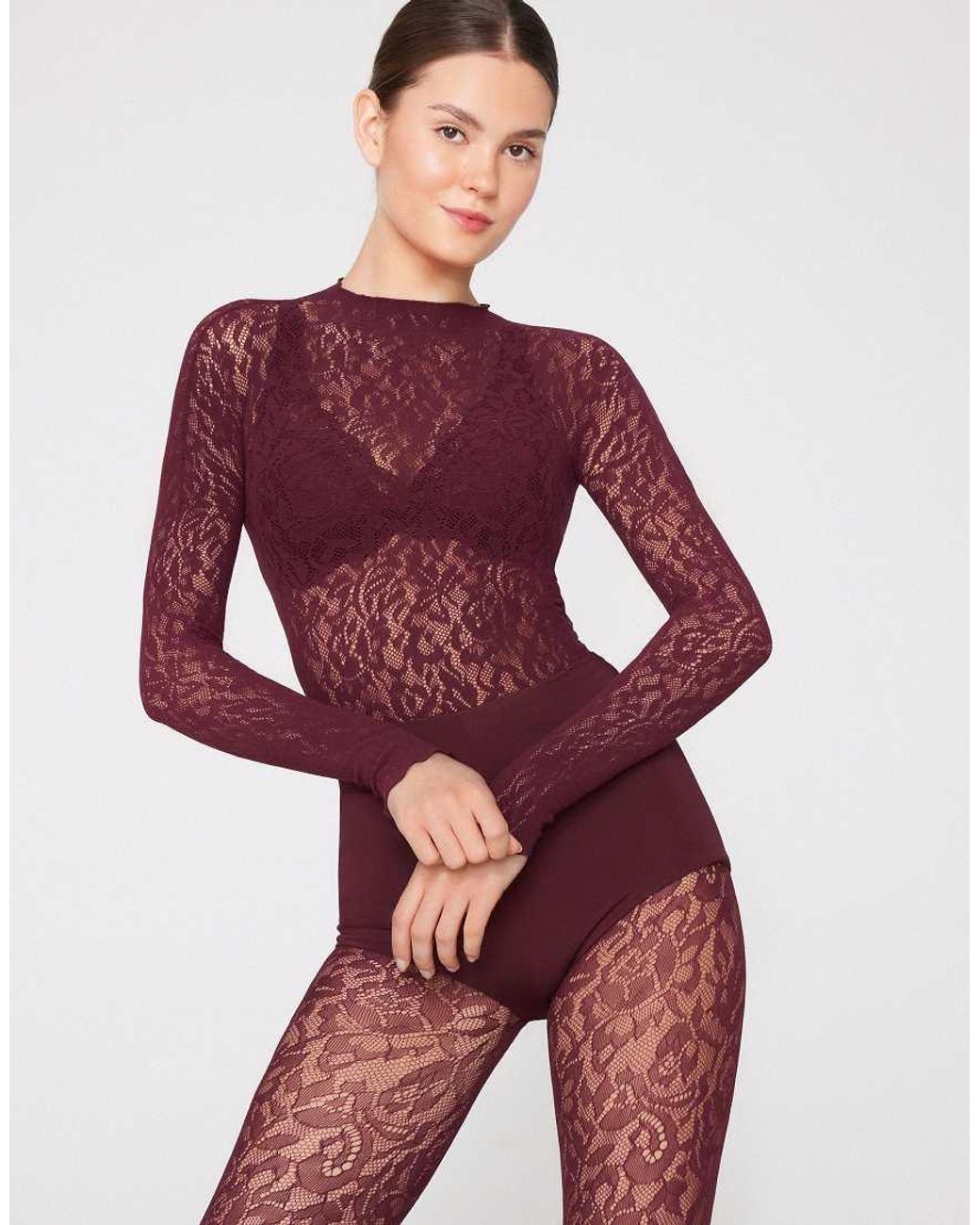 Tezenis Red Long Sleeve Seamless Floral Lace Body