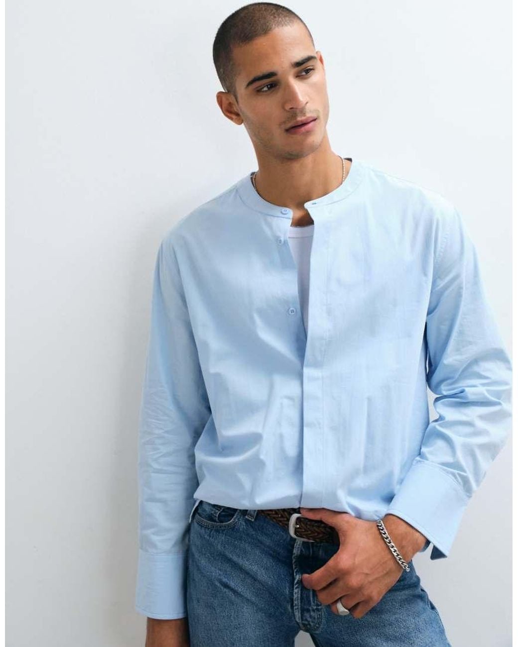 ASOS Blue Relaxed Poplin Shirt With Grandad Collar for men