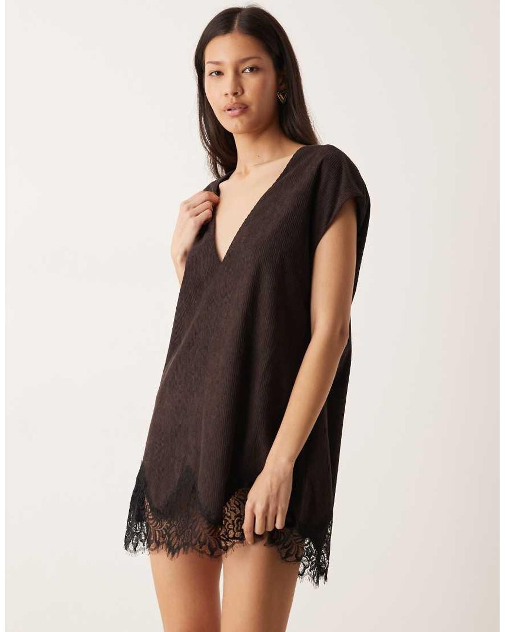 ASOS Natural Cord V Neck Lace Trim Mini Shift Dress