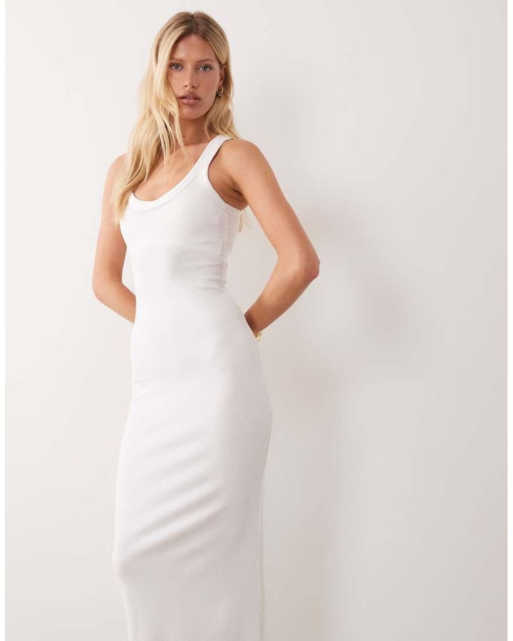 ASOS White Rib Scoop Neck With Bra Cup Midi Dress