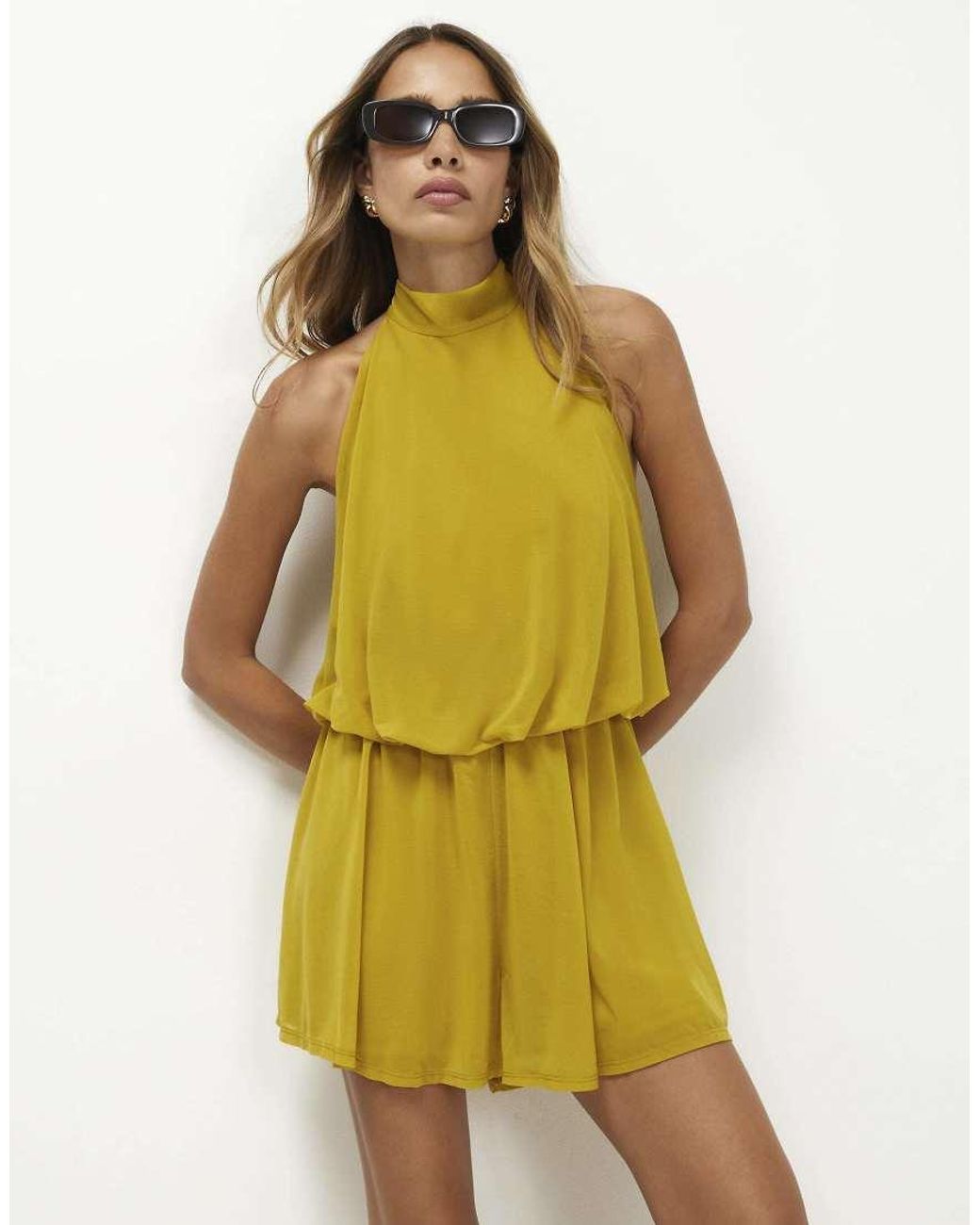 River Island Yellow Halter Neck Drape Playsuit