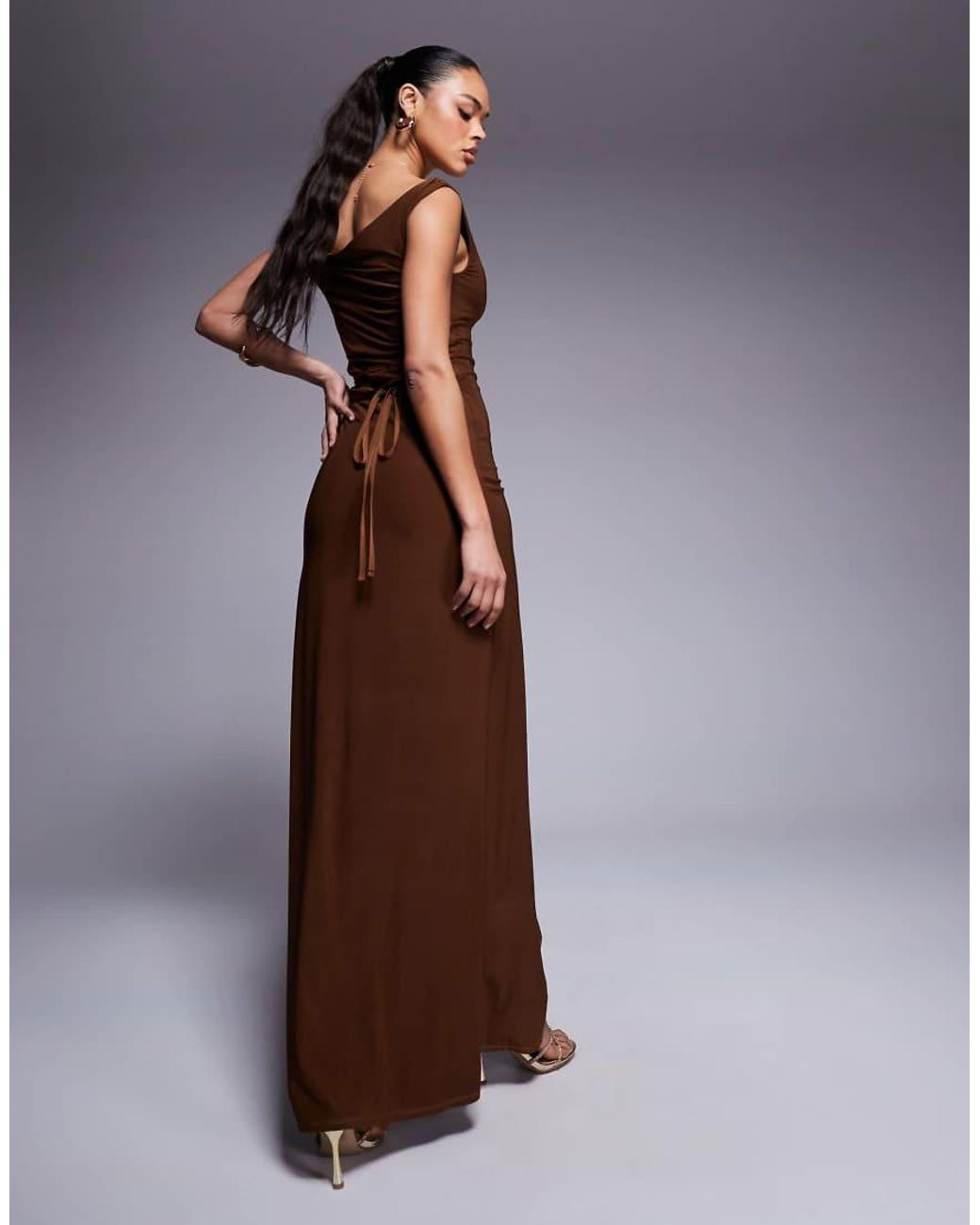 ASOS Brown Twist Shoulder With Lace Up Back Maxi Dress