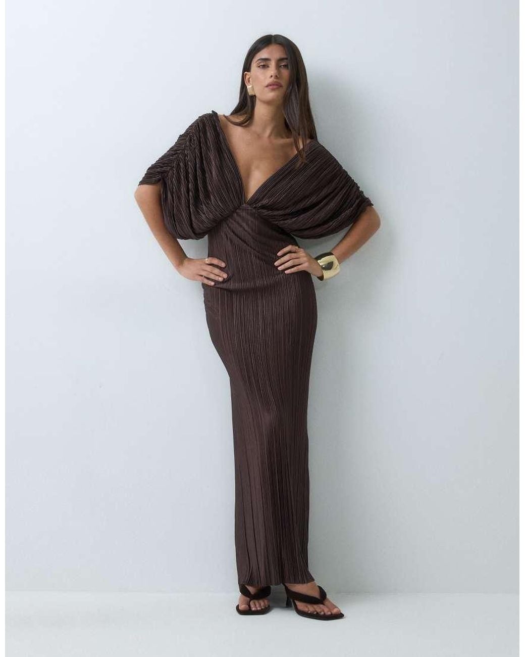 ASOS Brown Plunge Batwing Plisse Maxi Dress