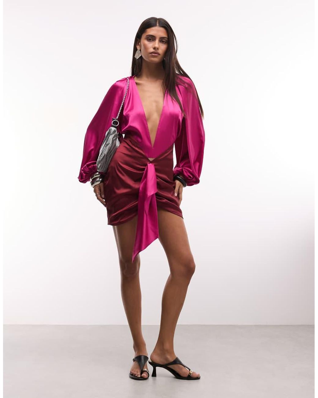 The Dolls House Pink Beaudelle Premium Satin Deep Plunge Neck Balloon Sleeve Ruched Mini Dress
