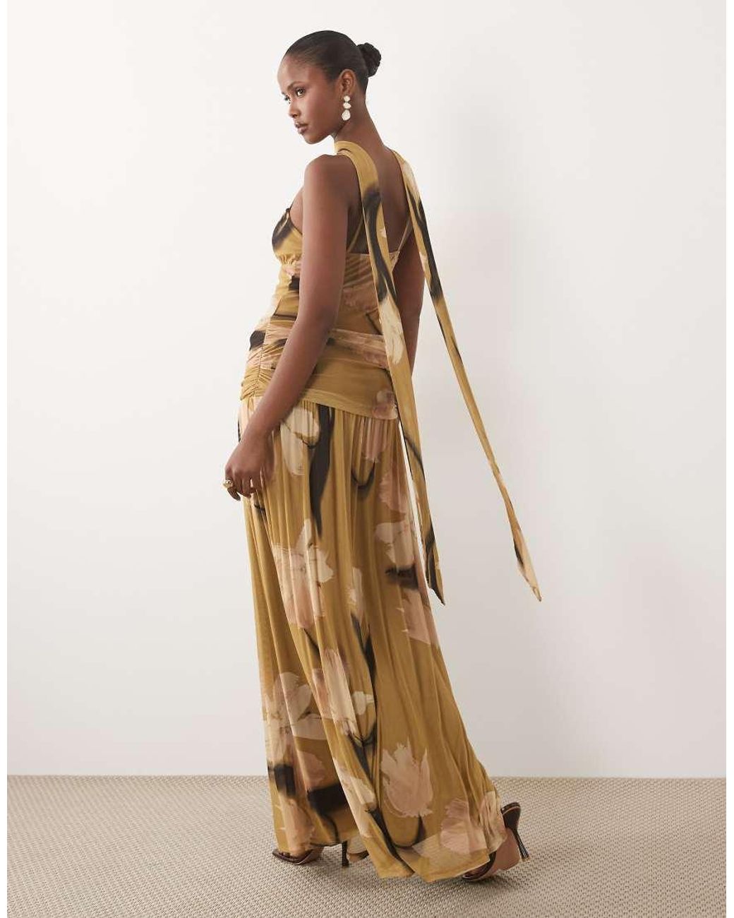 ASOS Natural Printed Mesh Ruched Bust Maxi Dress With Scarf Detail