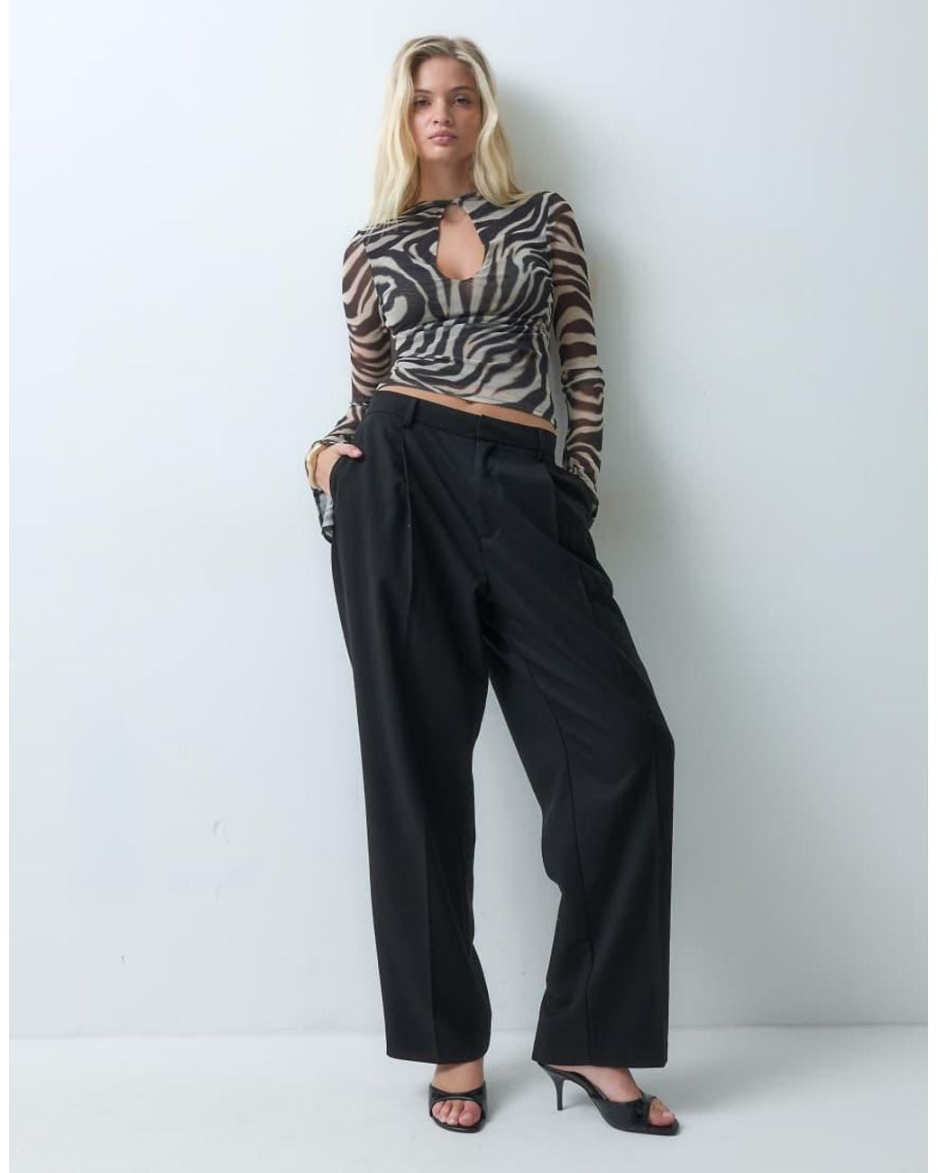 ASOS Brown Flared Sleeve Key Hole Zebra Top