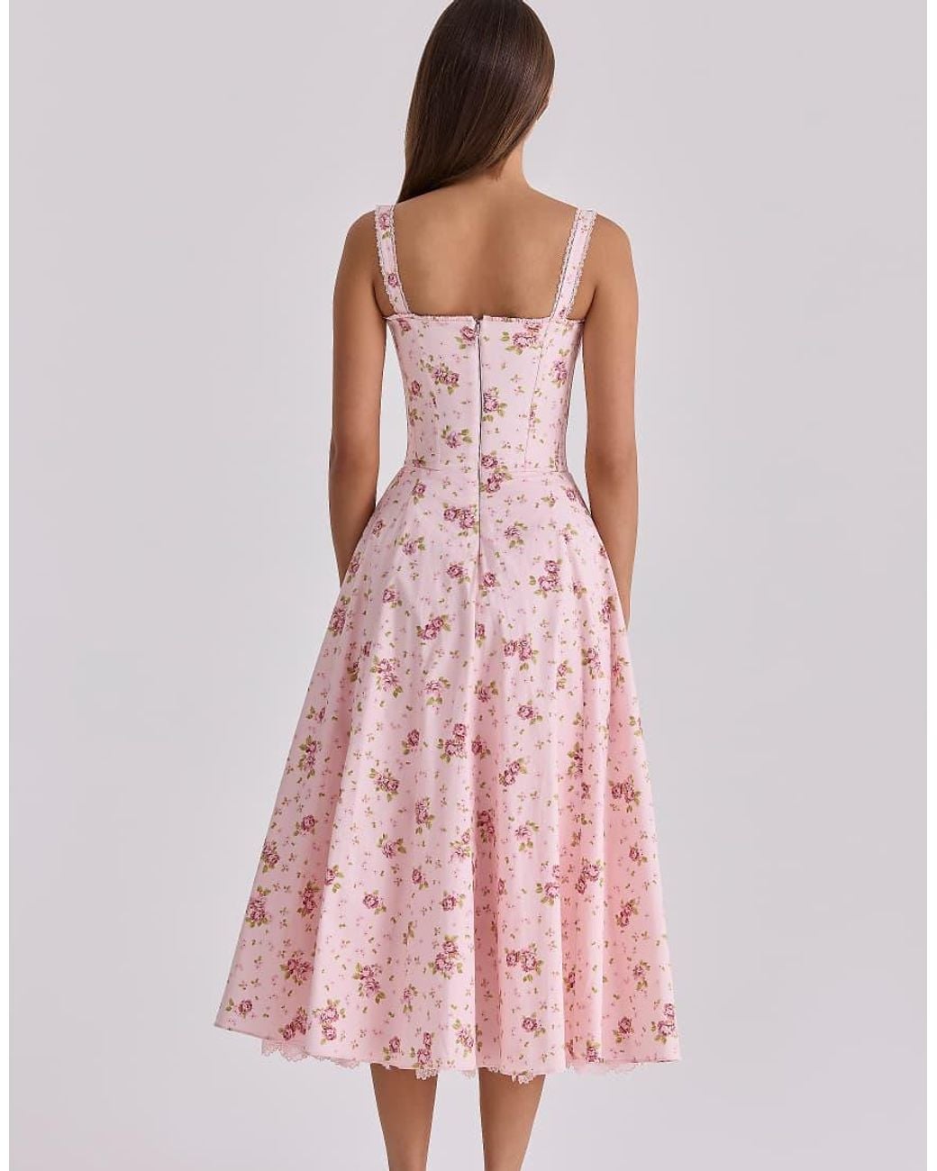 House Of Cb Pink Rosalee Vintage Rose Floral Print Midi Dress