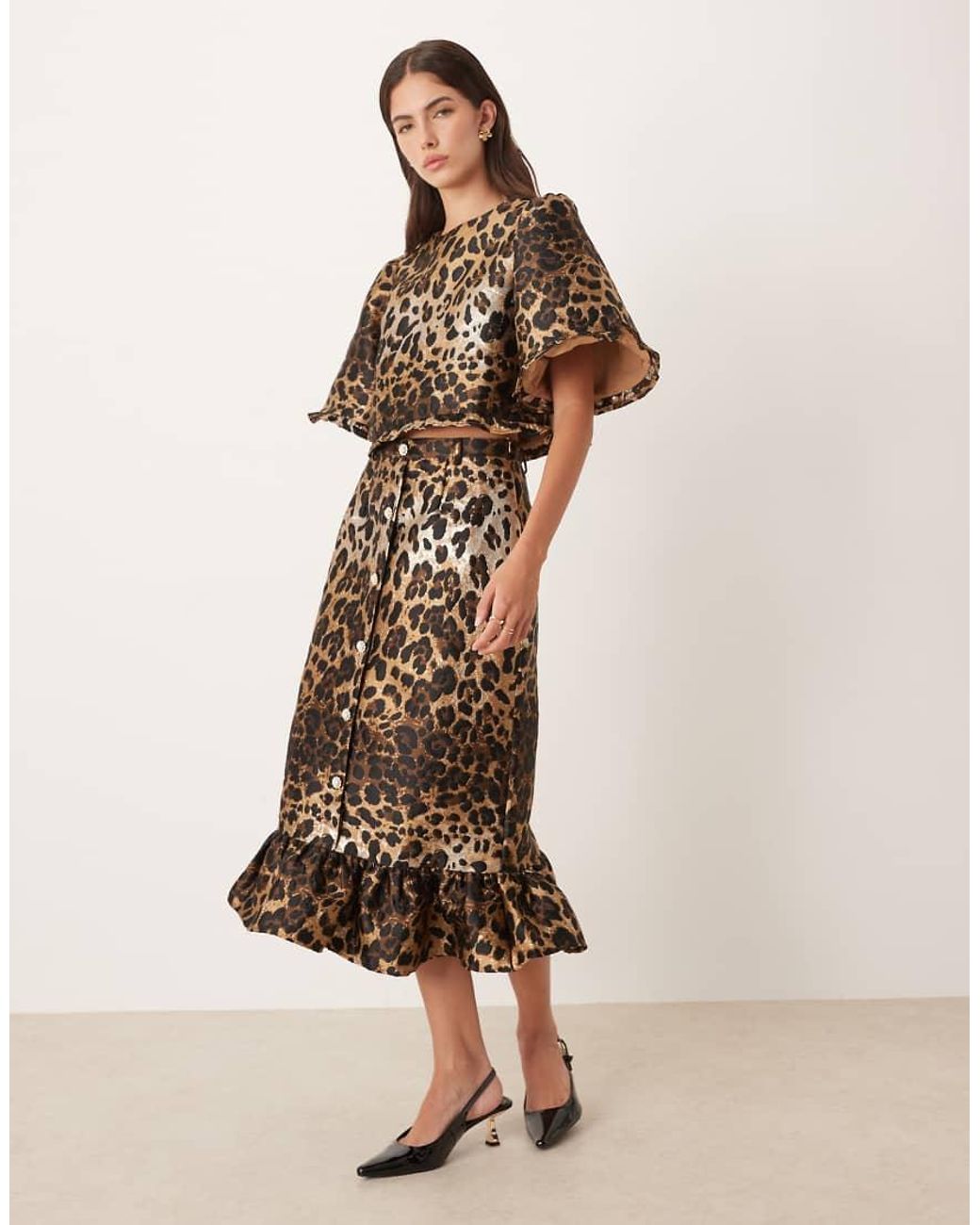 Sister Jane Brown Jacquard Bell Sleeve Crop Top Co-ord