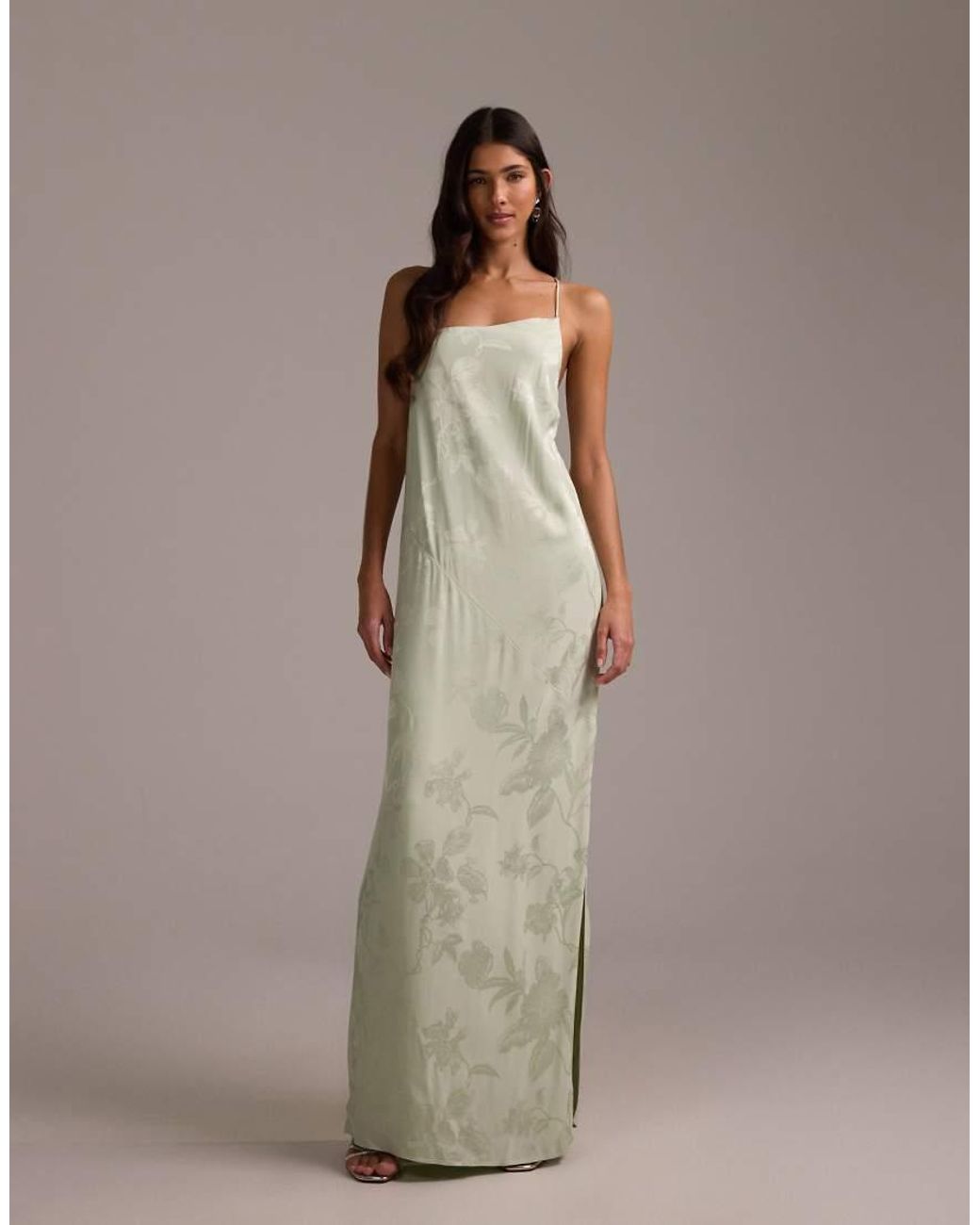 ASOS Green Bridesmaids Asymmetric Drape Jacquard Cami Maxi Dress