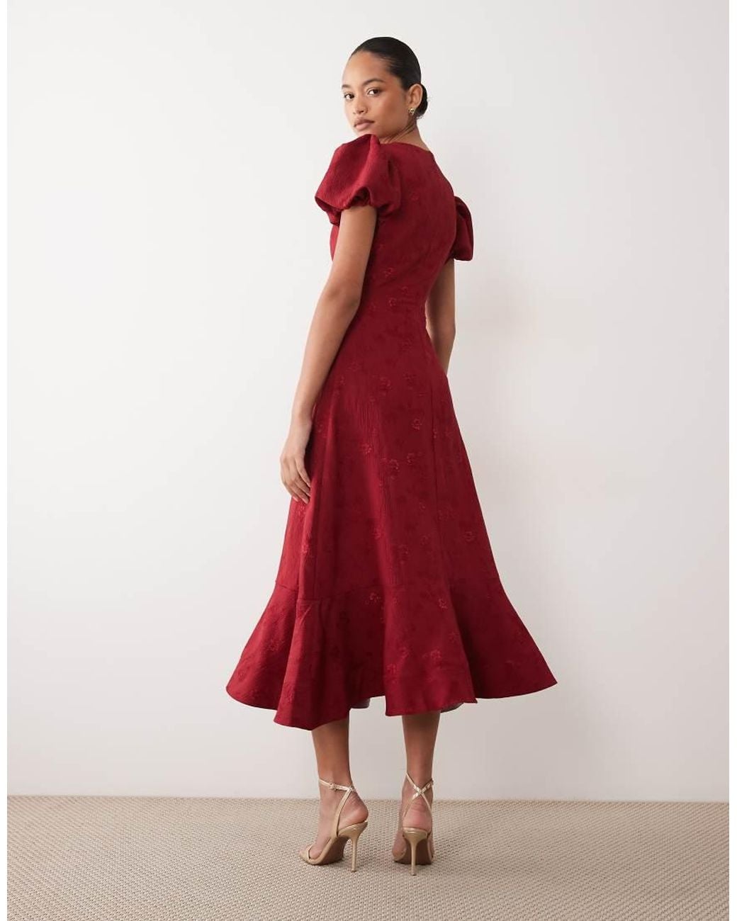 Sister Jane Exclusive Jacquard Puff Sleeve Structured Hem Midi Dress