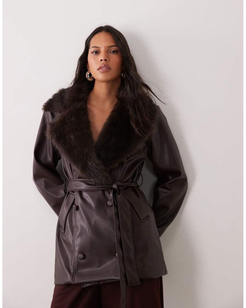 SNDY'S Black Faux Leather Faux Fur Collar & Cuff Double Breasted Belted Jacket