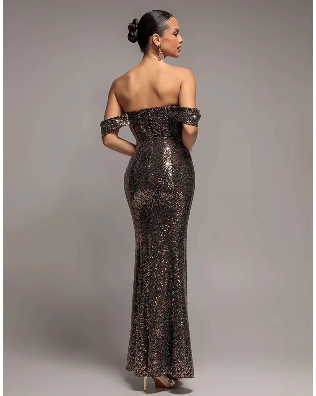 Goddiva Gray Sequin Sparkling Off Shoulder Cowl Bardot Maxi Dress