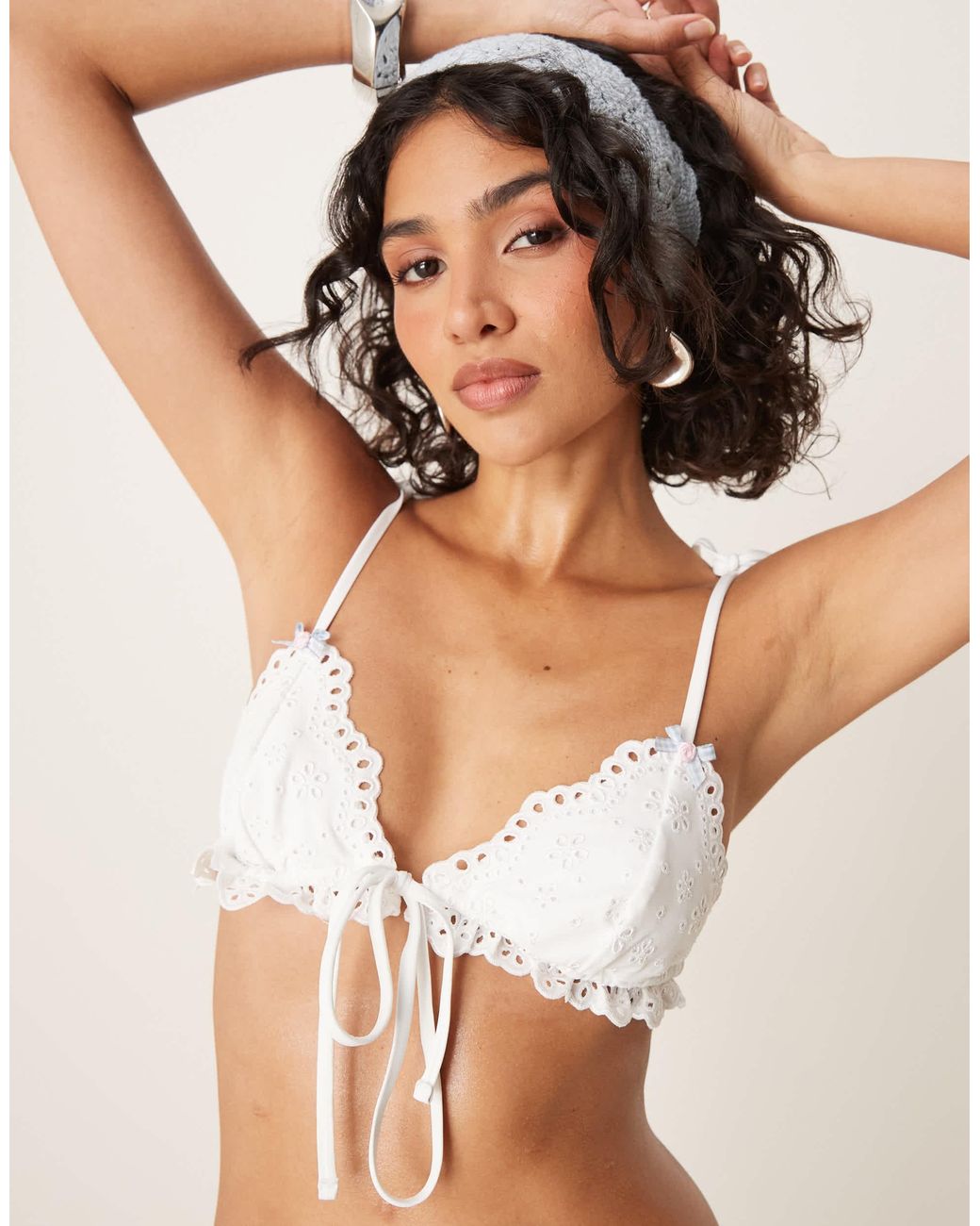 For Love & Lemons Blue Daisy Eyelet Triangle Bikini Top