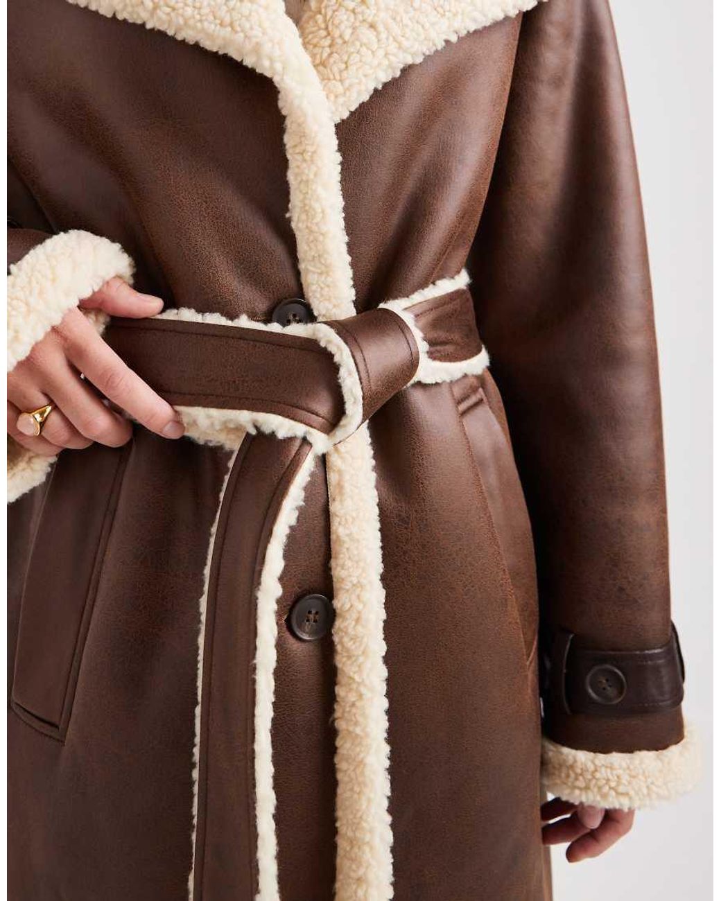 Miss Selfridge Natural Suedette Borg Belted Wrap Coat