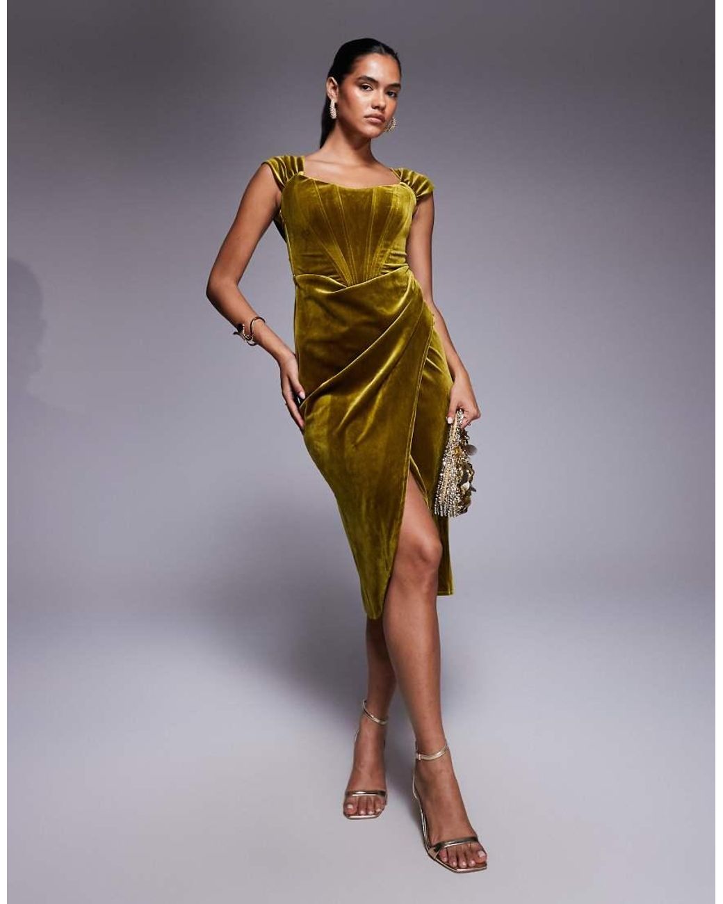 Goddiva Green Draped Shoulder Velvet Corset Midi Dress