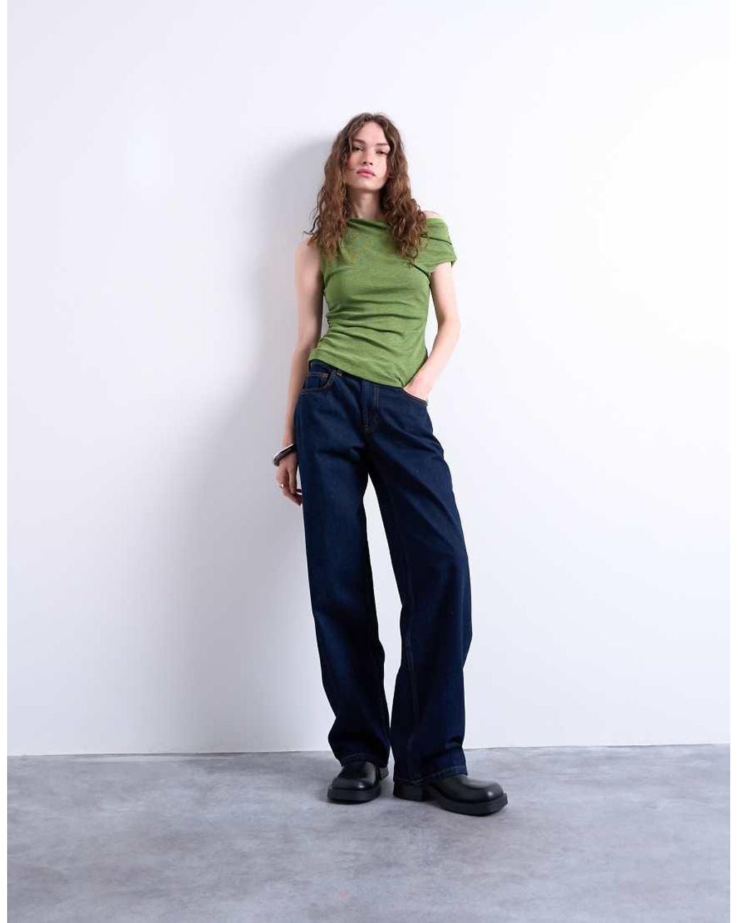 TOPSHOP Green Draped Asymmetric Shoulder Top