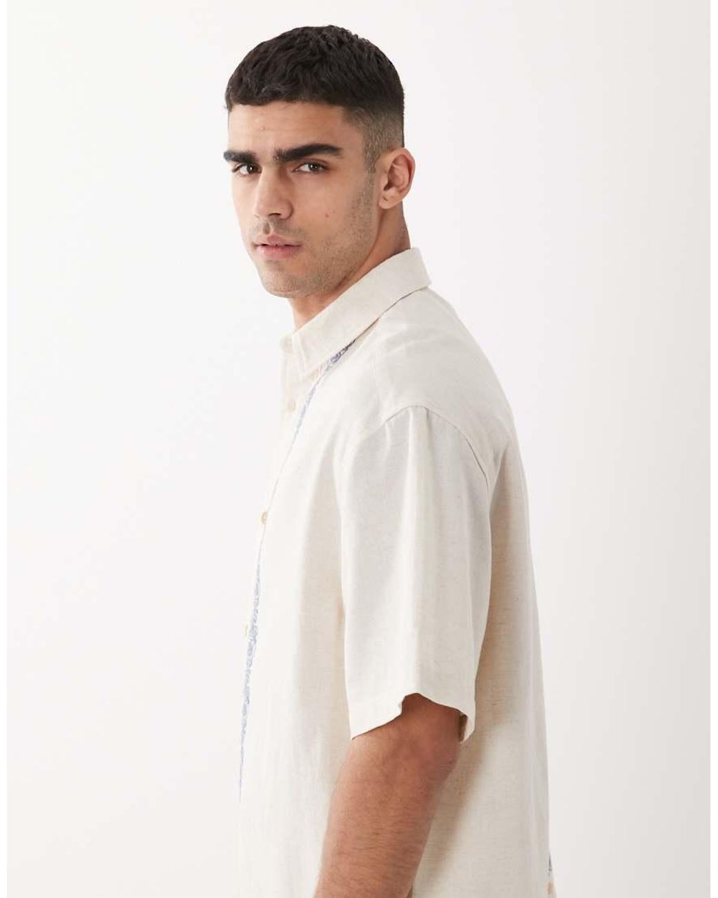 ASOS White Oversized Shirt With Linen And Border Embroidery for men