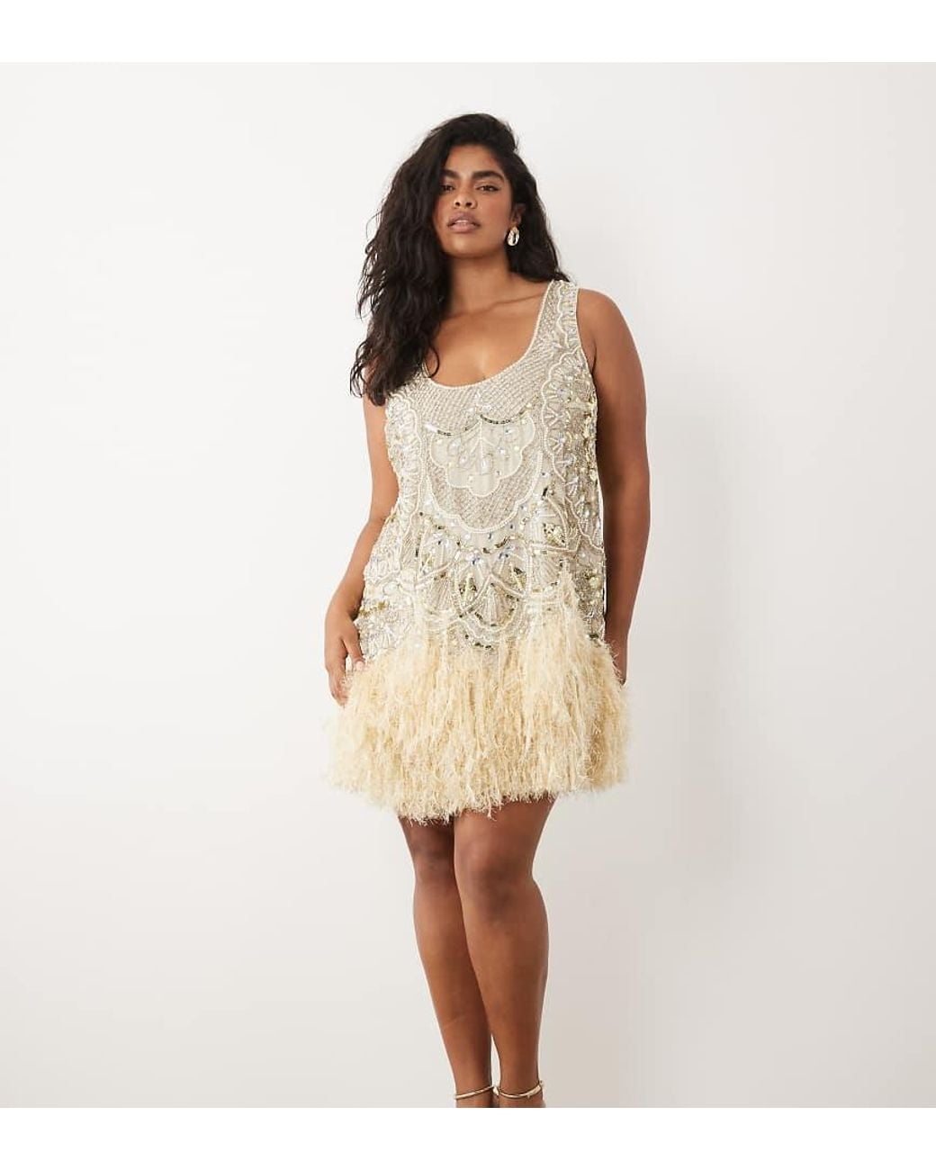 ASOS White Curve Embellished Scoop Neck Mini Dress With Faux Feather Hem