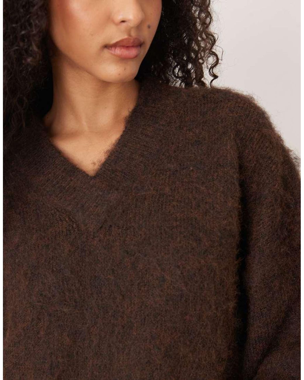 ASOS Brown Knitted Brushed V Neck Oversized Jumper