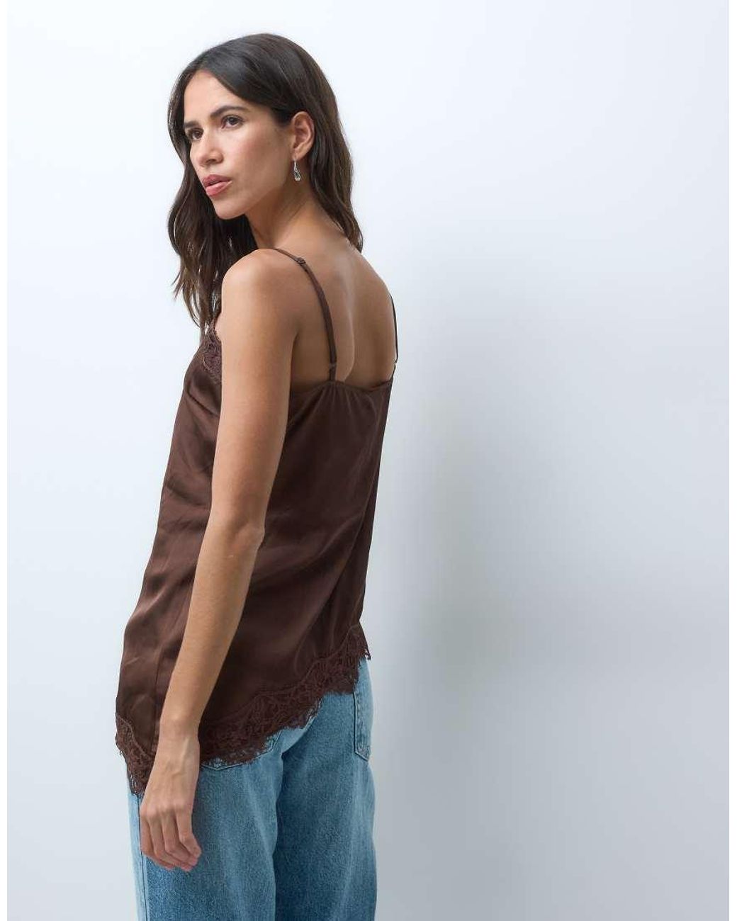 New Look Brown Longline Asymmetric Lace Trim Satin Cami Top