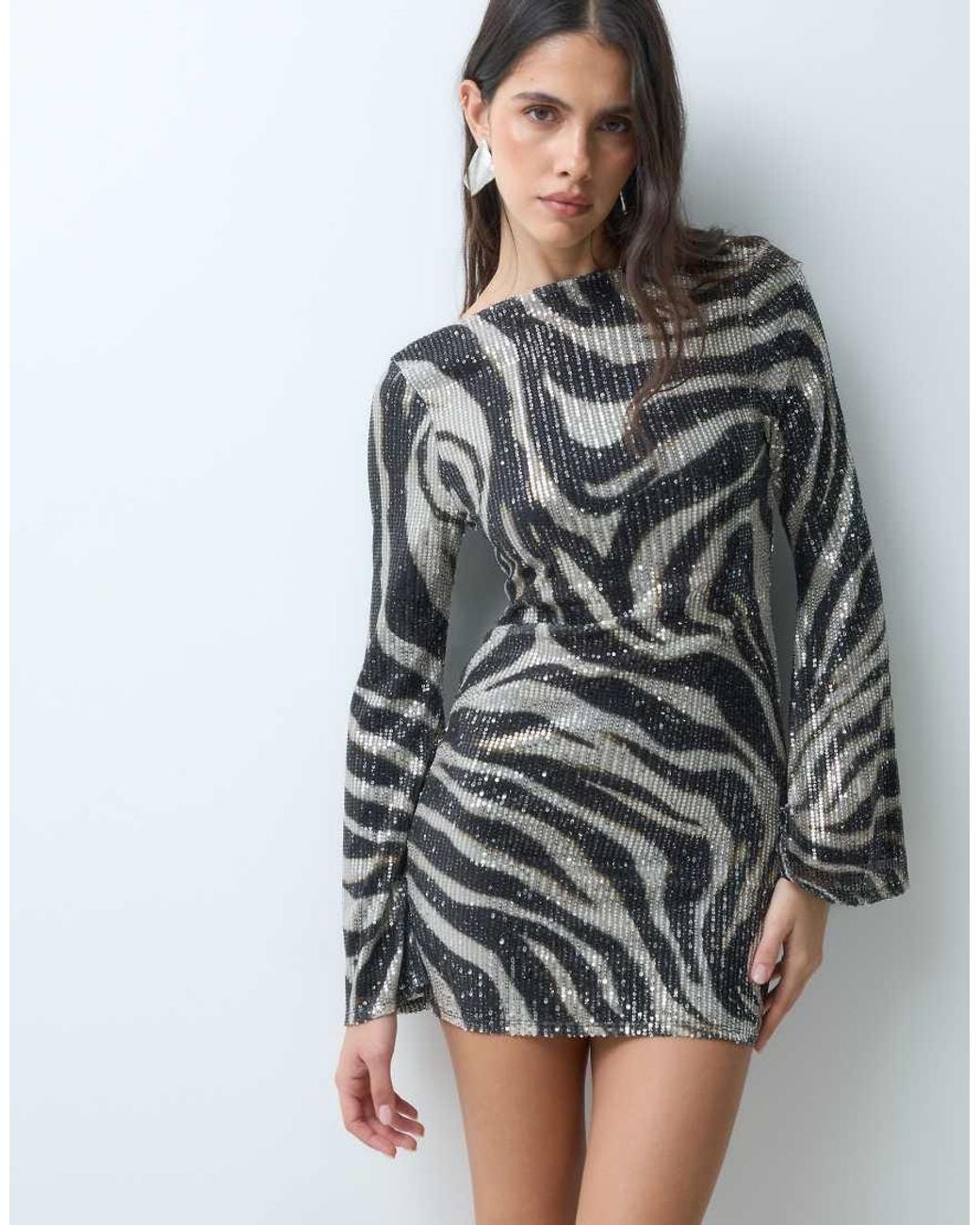 ASOS Gray Printed Zebra Animal Sequin Mini Dres