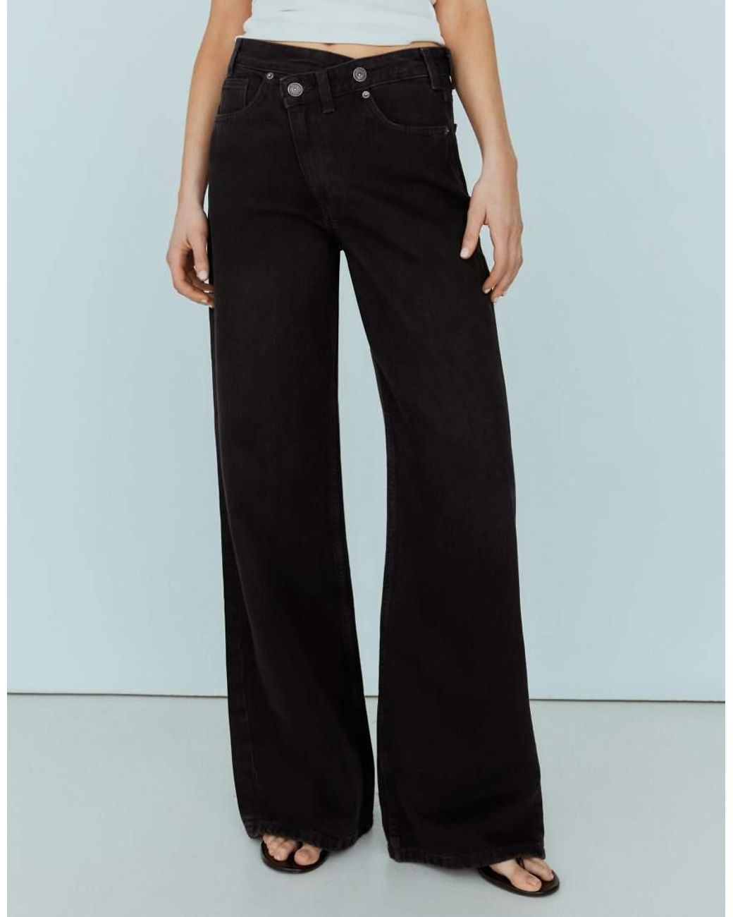 Bershka Black Petite Wide-Leg Cross-Waist Jeans