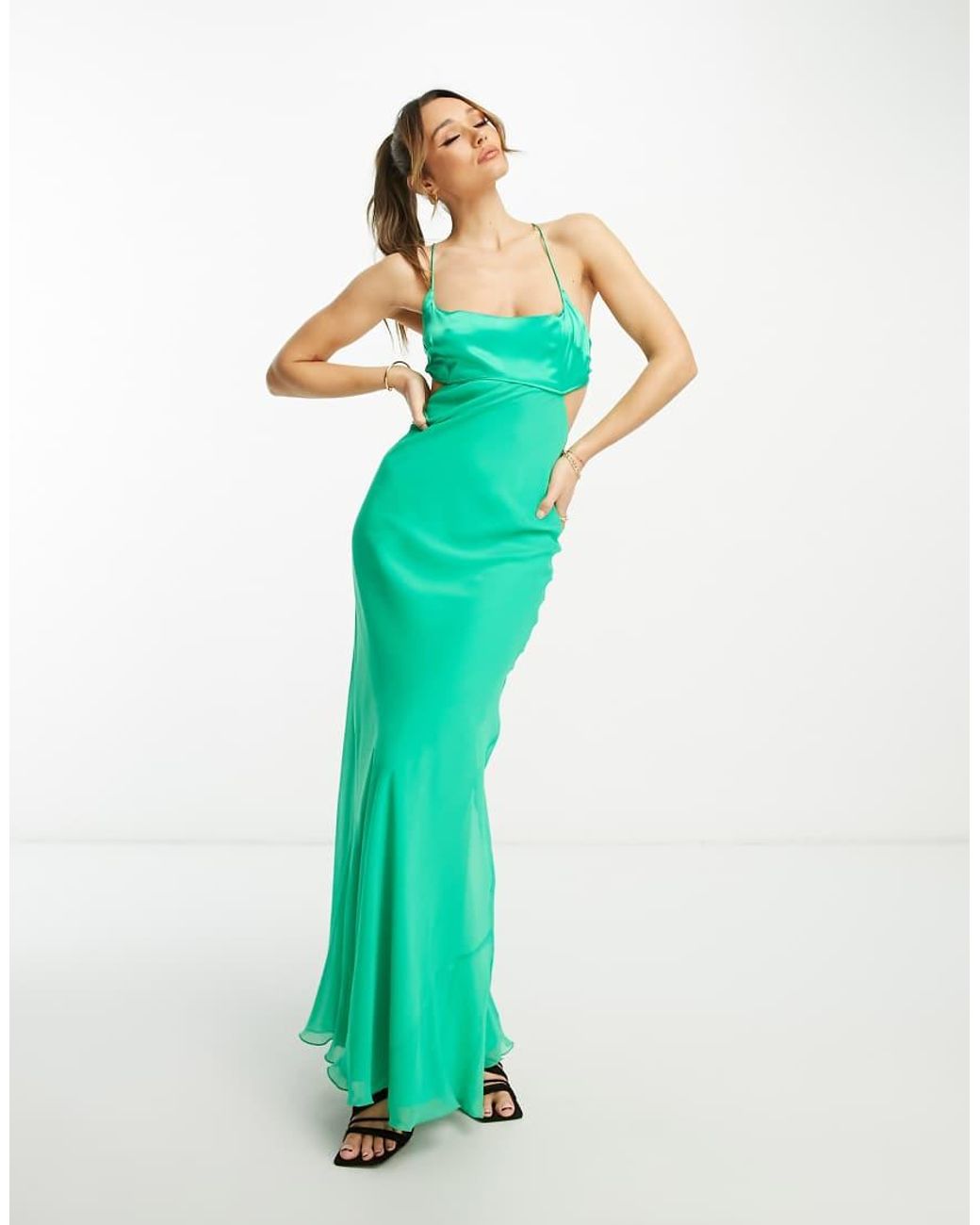 ASOS Green Us Exclusive Satin Mix Cami Cut Out Waist Maxi Dress With Cross Strap Detail