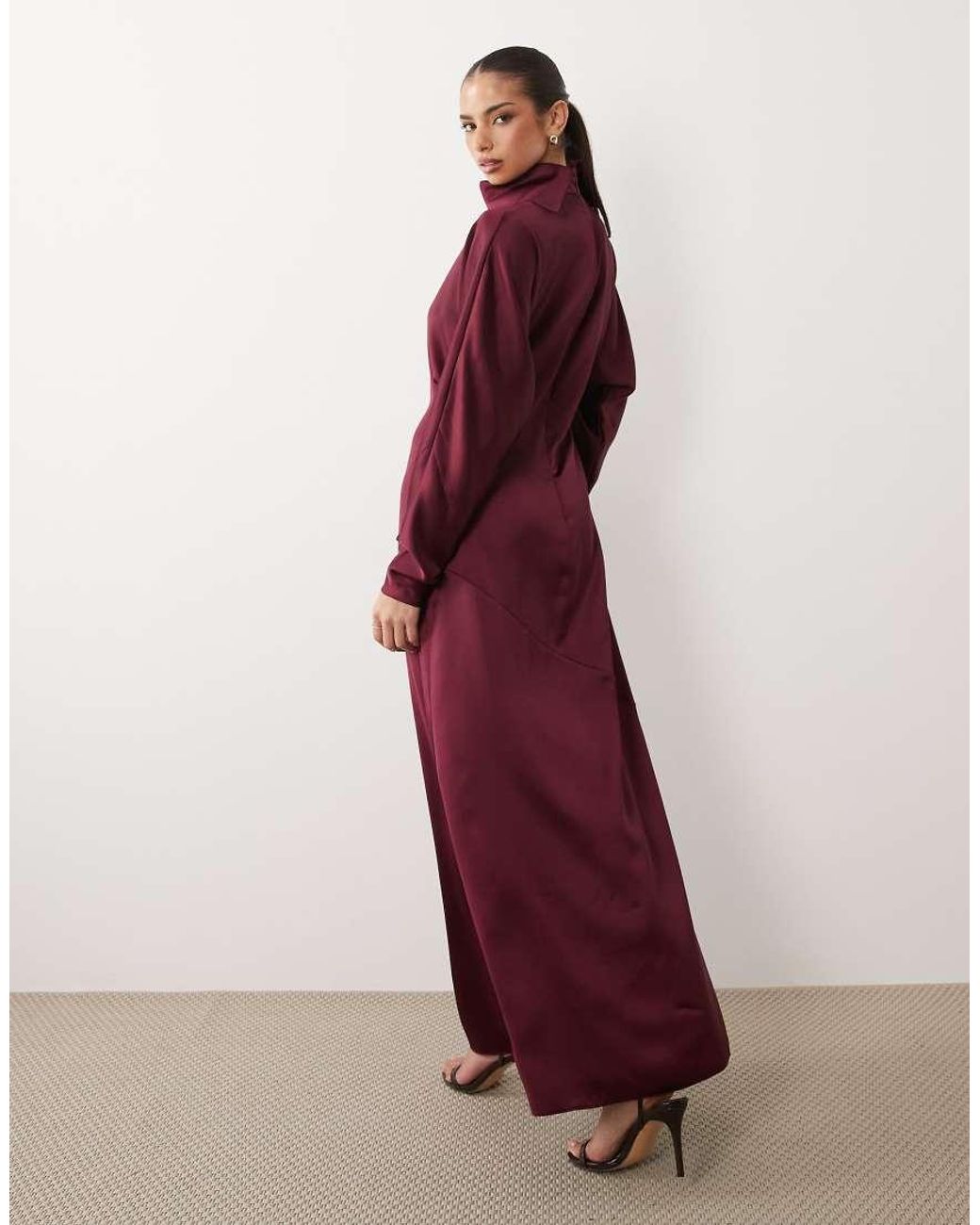 DASKA Red Satin Draped Cowl Neck Batwing Maxi Dress