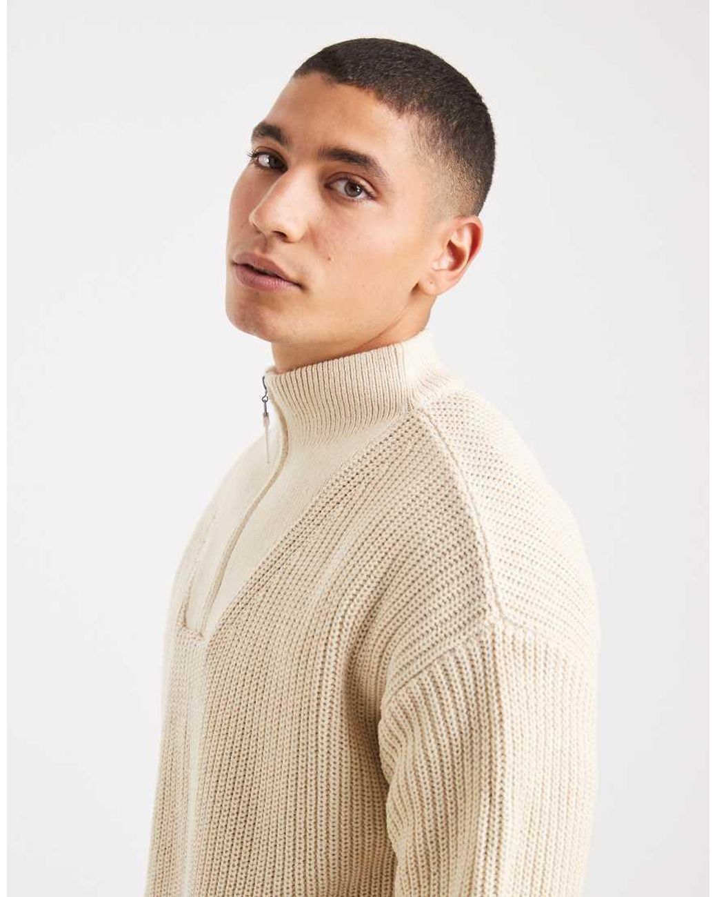 New Look Natural Fisherman Knit 1/4 Zip Jumper for men