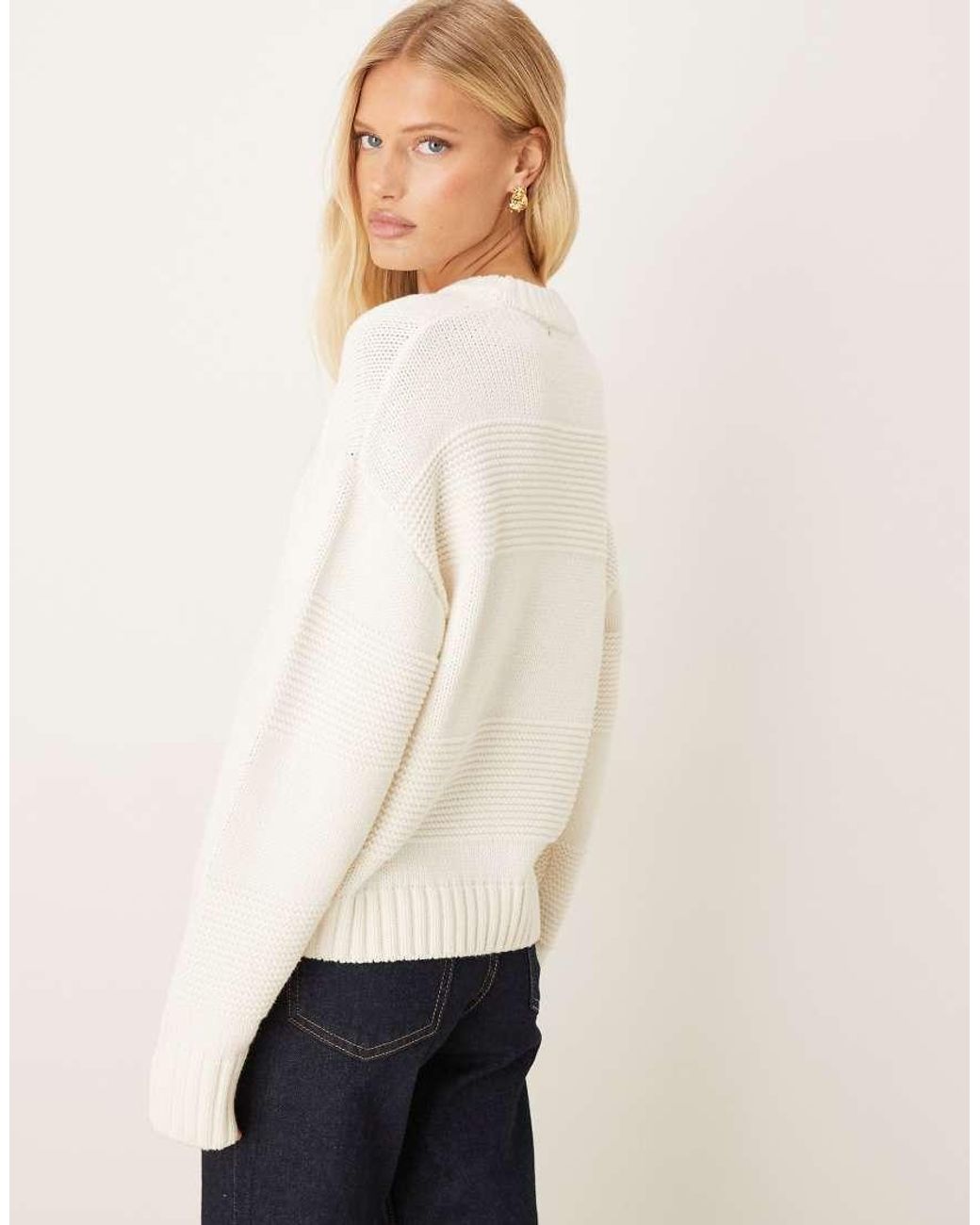 Gina Tricot White Crew Neck Textured Stripe Stitch Chunky Knitted Sweater