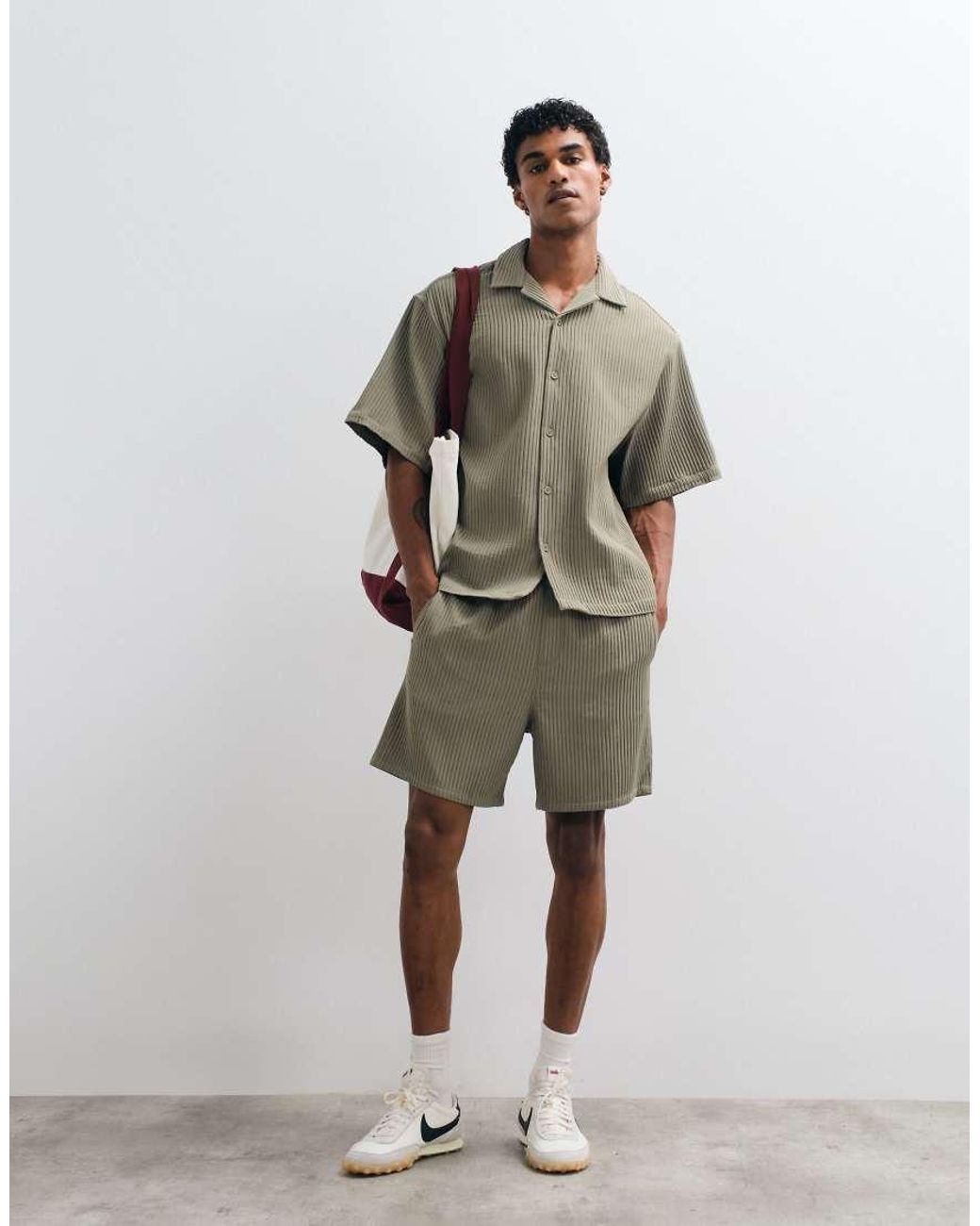 ASOS Green Co-Ord Oversized Revere Plisse Shirt for men