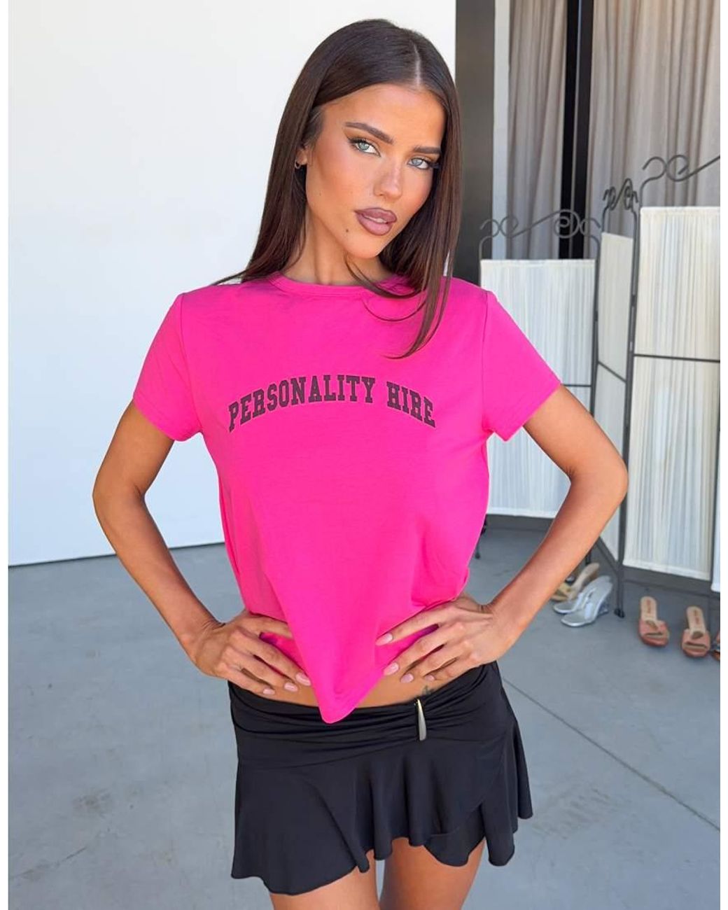 Tiger Mist Pink X Jessica Bader 'personality Hire' Graphic Fitted Baby Tee