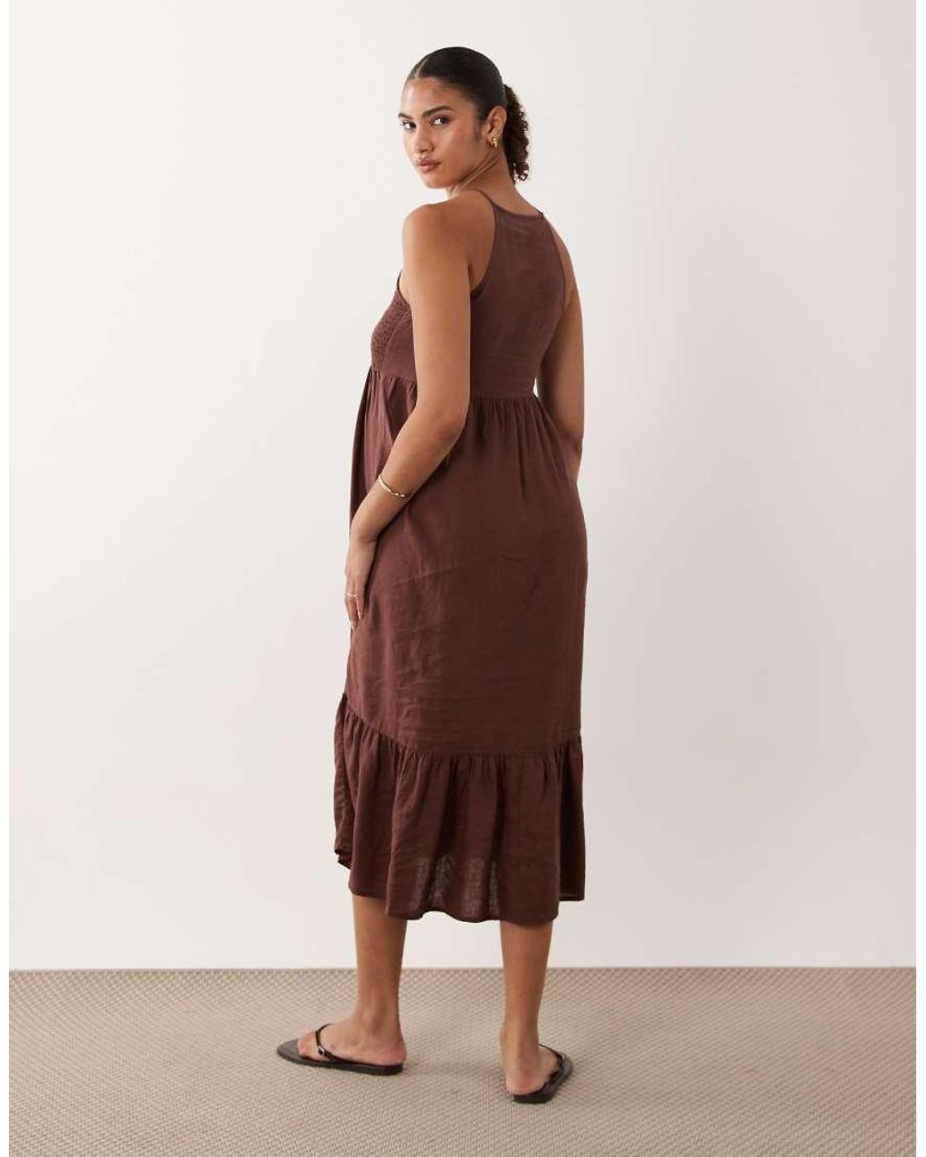 Mama.licious Brown Mamalicious Maternity Shirred Bodice Tiered Skirt Cami Midi Dress