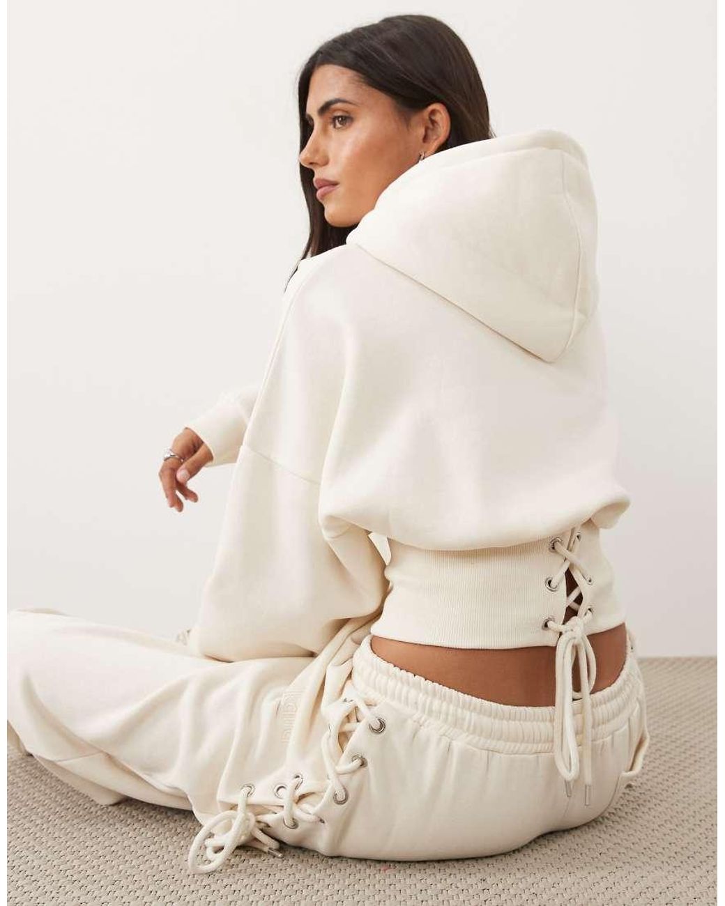 Kaiia Natural Cotton Rich Cinched Waist Lace Up Corset Detail Hoodie Co-ord